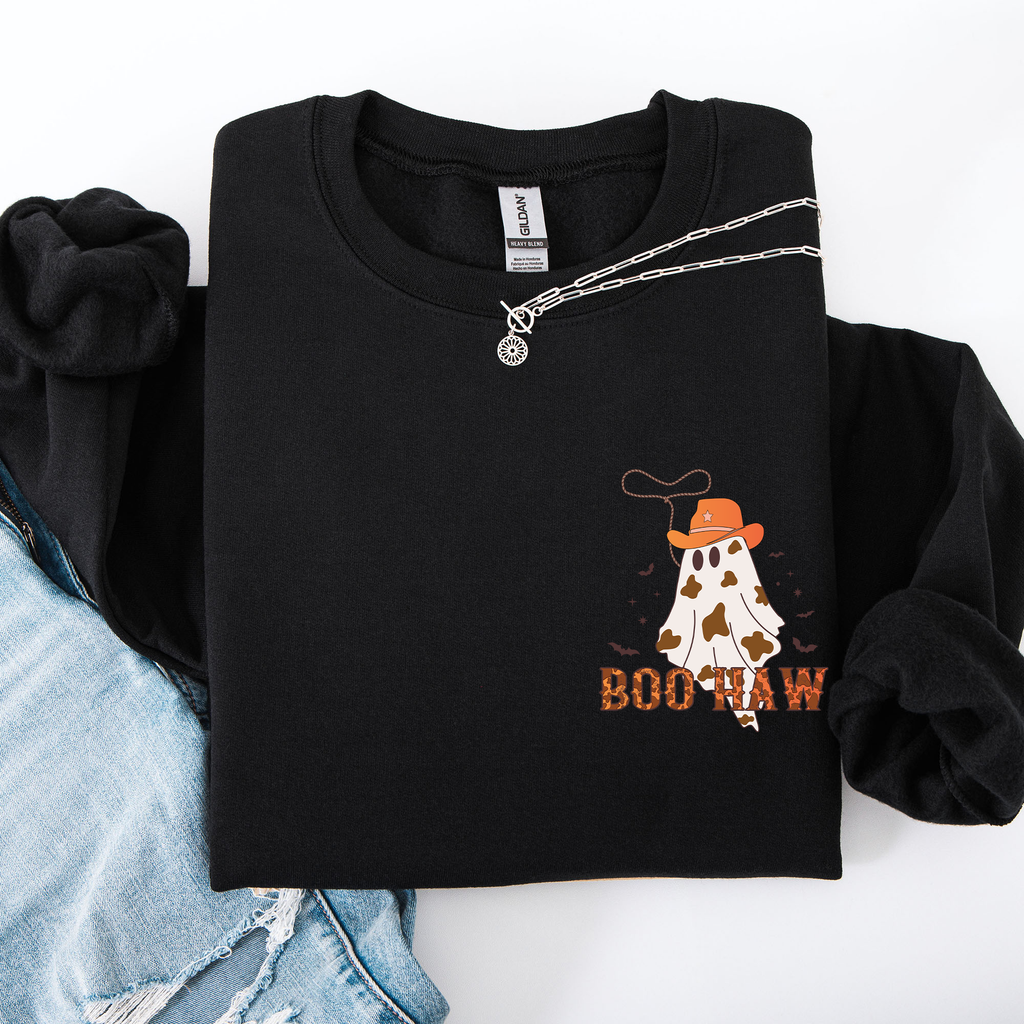 Boo Haw Cowboy Western Halloween Spirit Cozy Fall Favorite For Autumn Nights And Spooky Season Wear Pocket Sweatshirt
