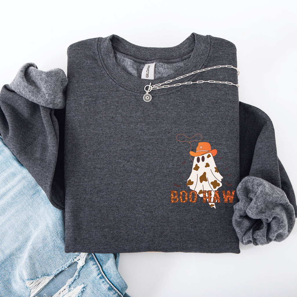 Boo Haw Cowboy Western Halloween Spirit Cozy Fall Favorite For Autumn Nights And Spooky Season Wear Pocket Sweatshirt