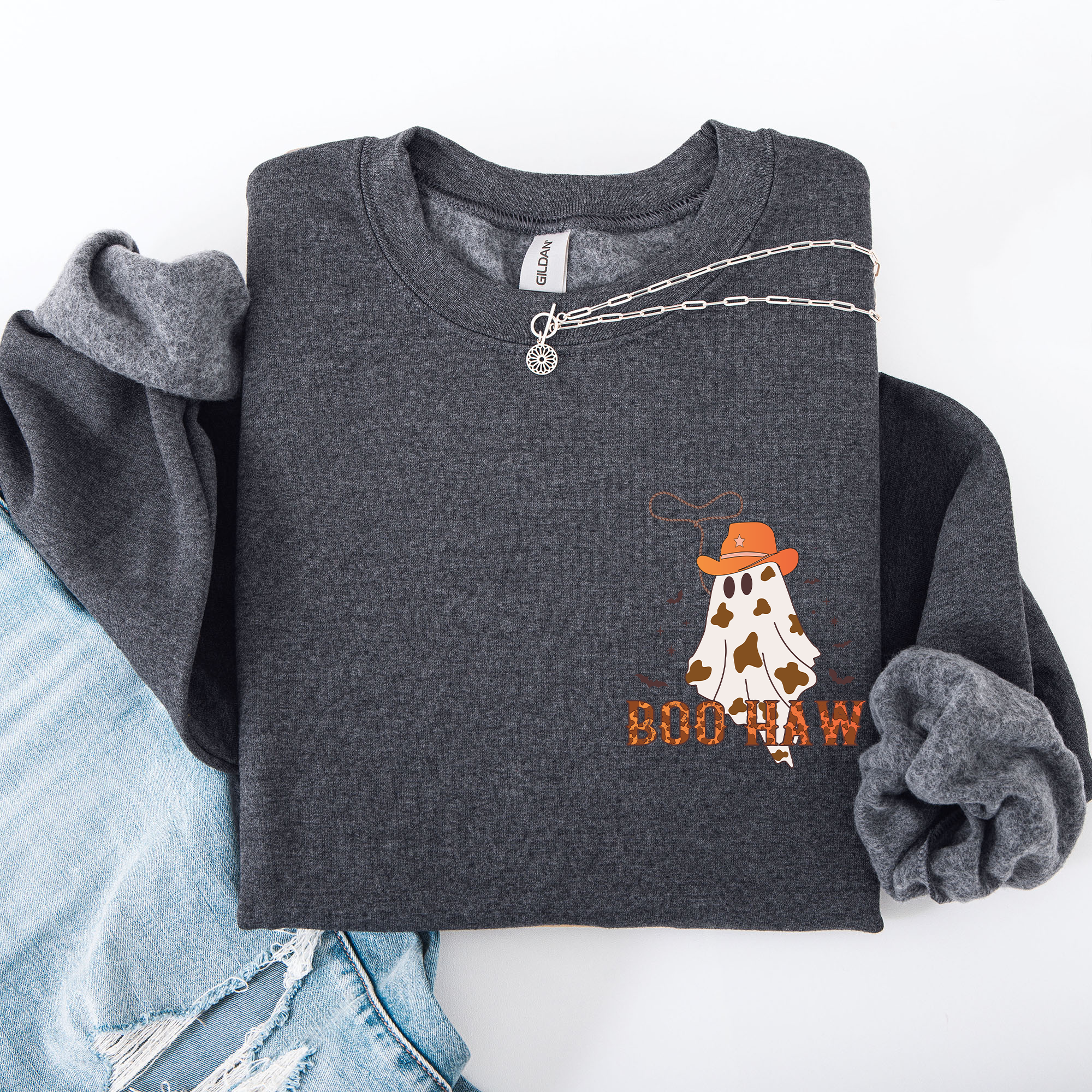 Boo Haw Cowboy Western Halloween Spirit Cozy Fall Favorite For Autumn Nights And Spooky Season Wear Pocket Sweatshirt