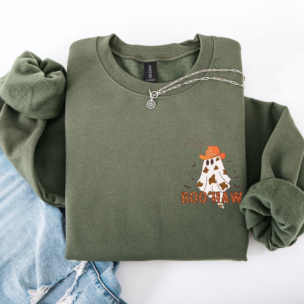 Boo Haw Cowboy Western Halloween Spirit Cozy Fall Favorite For Autumn Nights And Spooky Season Wear Pocket Sweatshirt