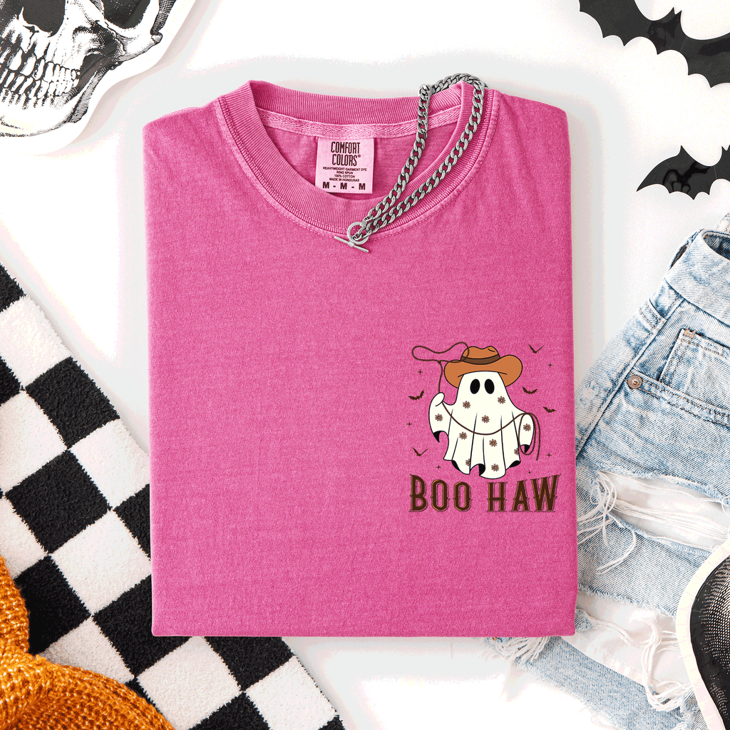 Boo Haw Lasso Cowboy Western Country Halloween Pocket Distressed Print Edition Comfort Colors Tee