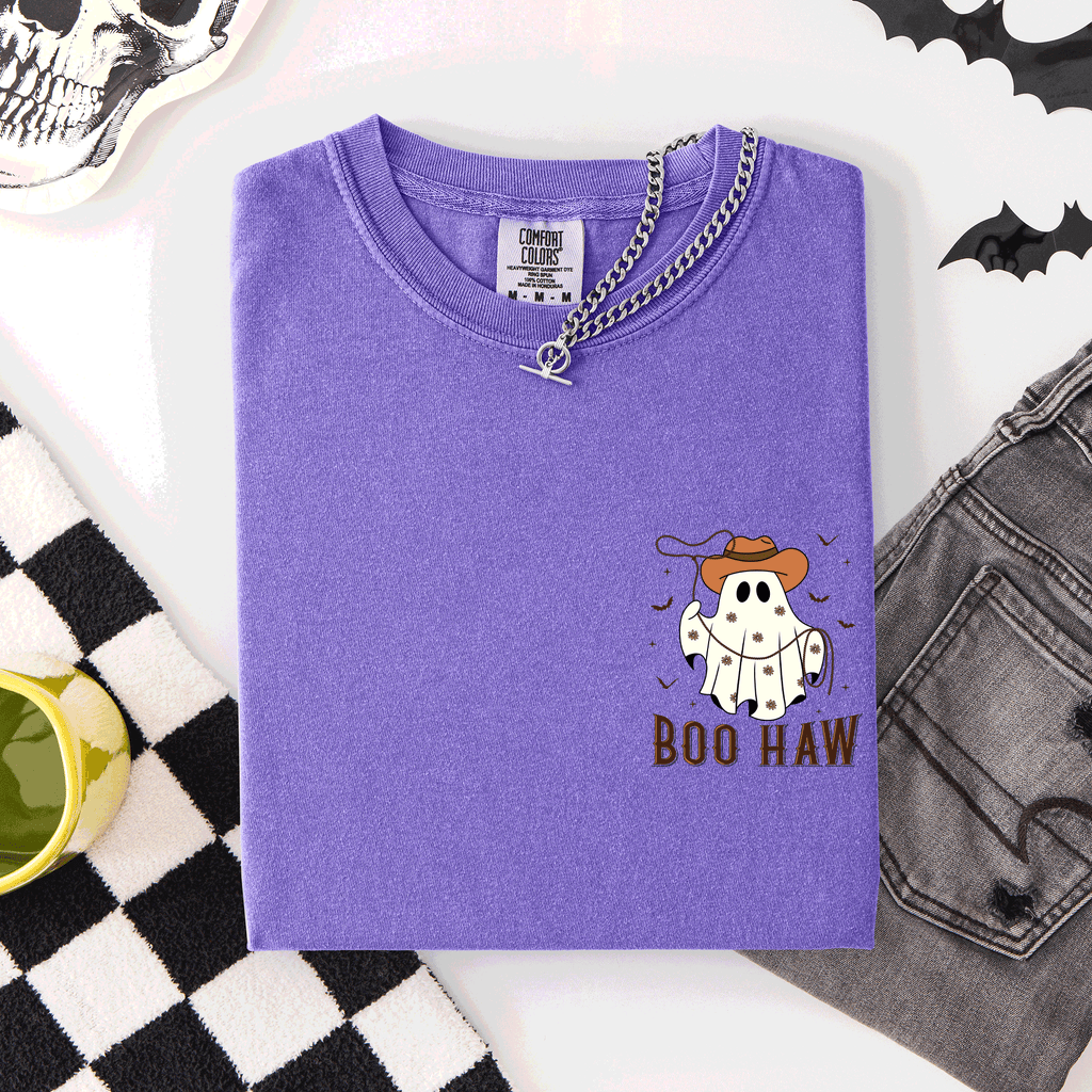 Boo Haw Lasso Cowboy Western Country Halloween Pocket Distressed Print Edition Comfort Colors Tee