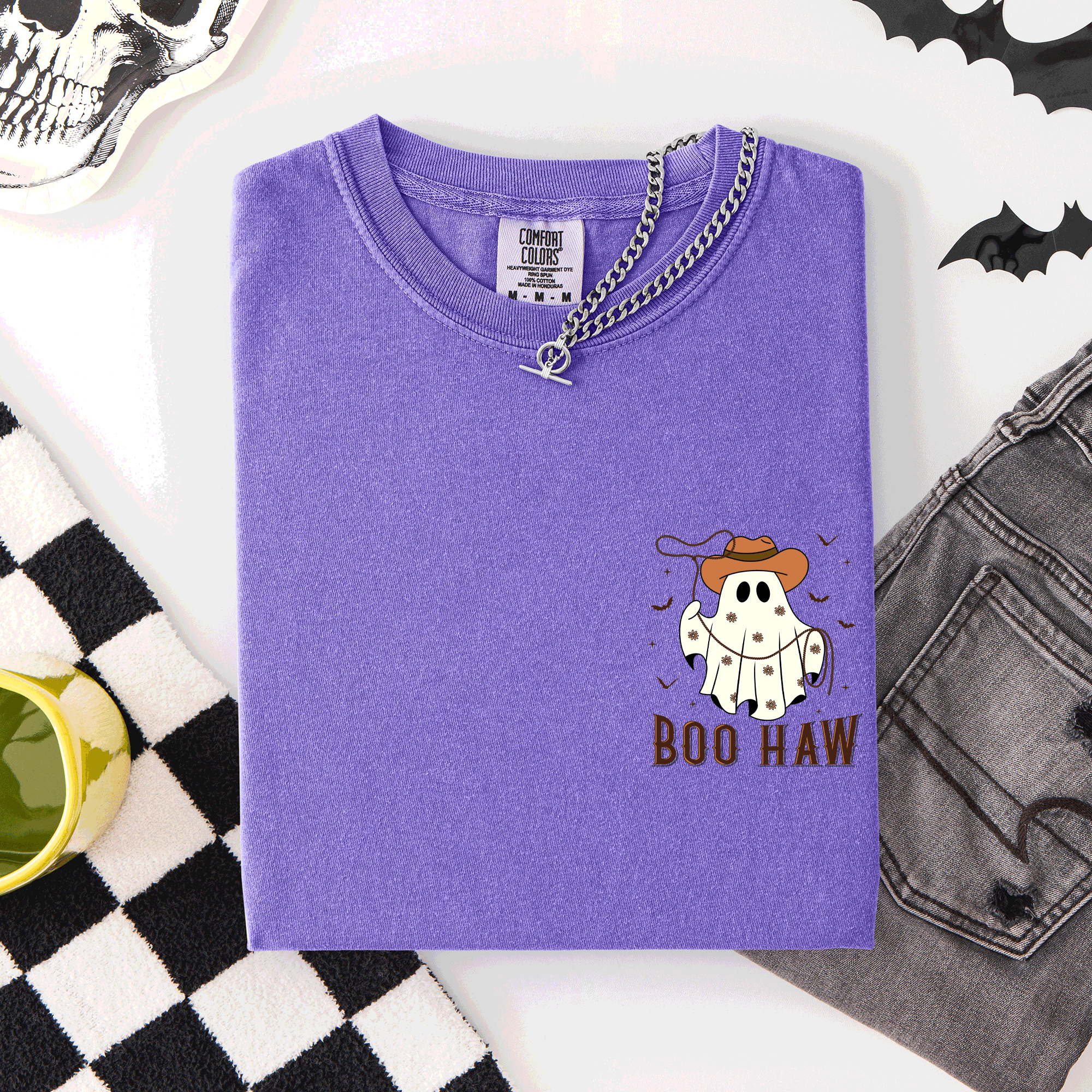 Boo Haw Lasso Cowboy Western Country Halloween Pocket Distressed Print Edition Comfort Colors Tee