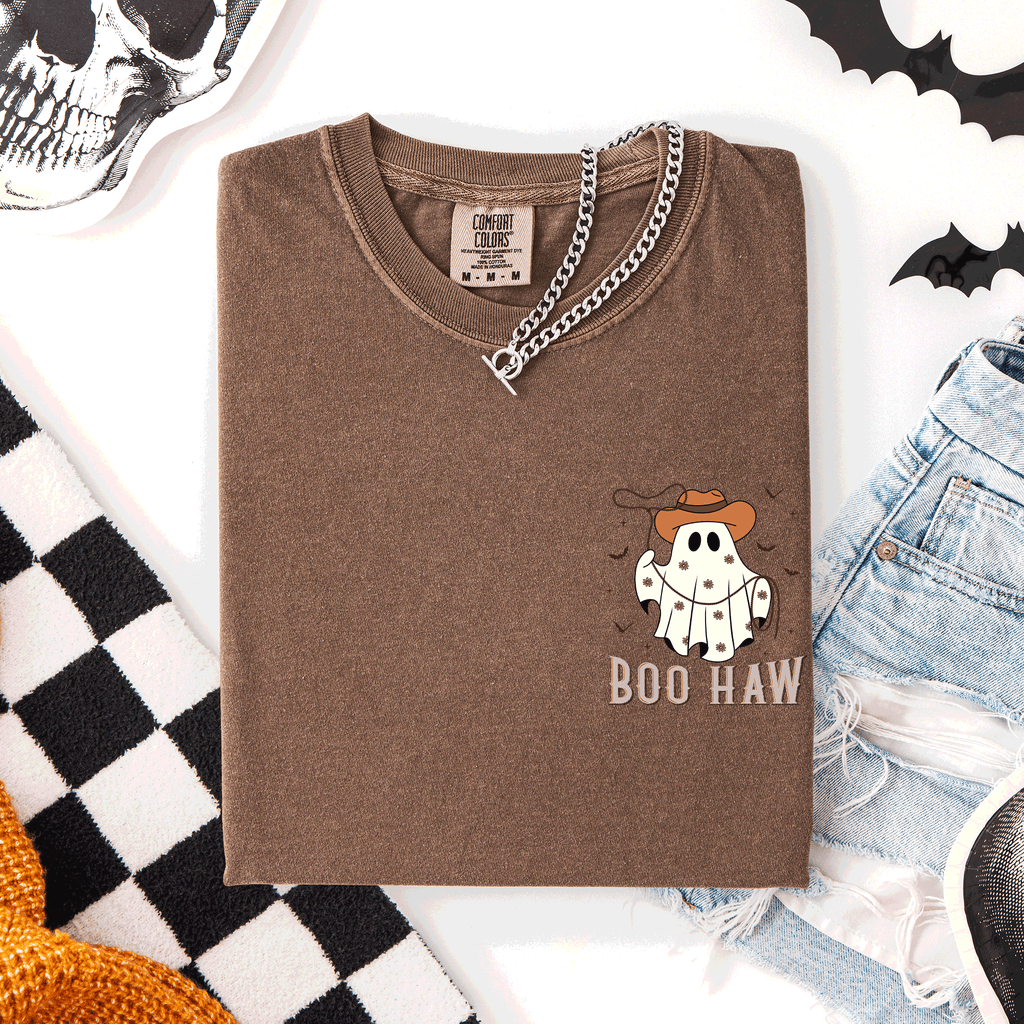 Boo Haw Lasso Cowboy Western Country Halloween Pocket Distressed Print Edition Comfort Colors Tee