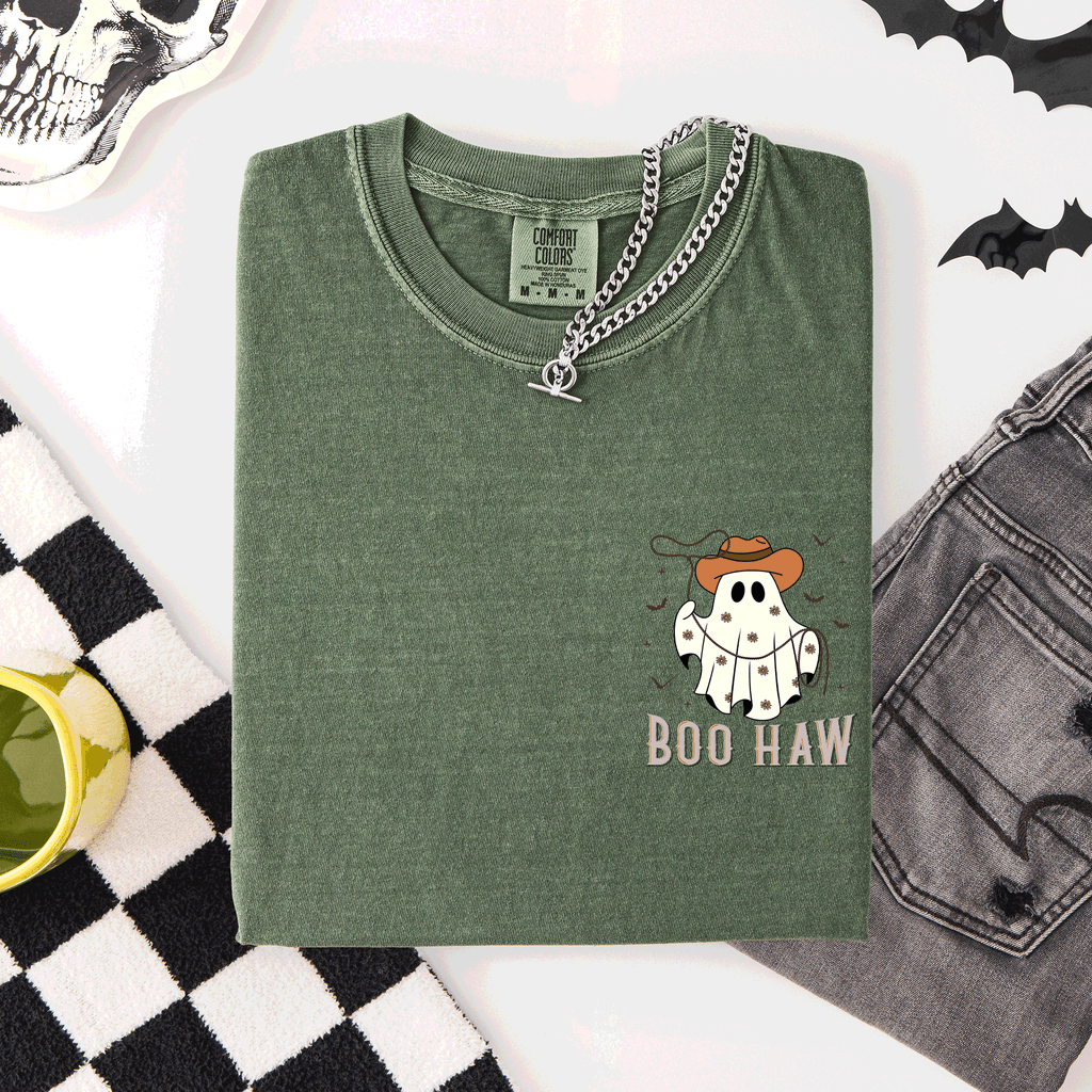 Boo Haw Lasso Cowboy Western Country Halloween Pocket Distressed Print Edition Comfort Colors Tee