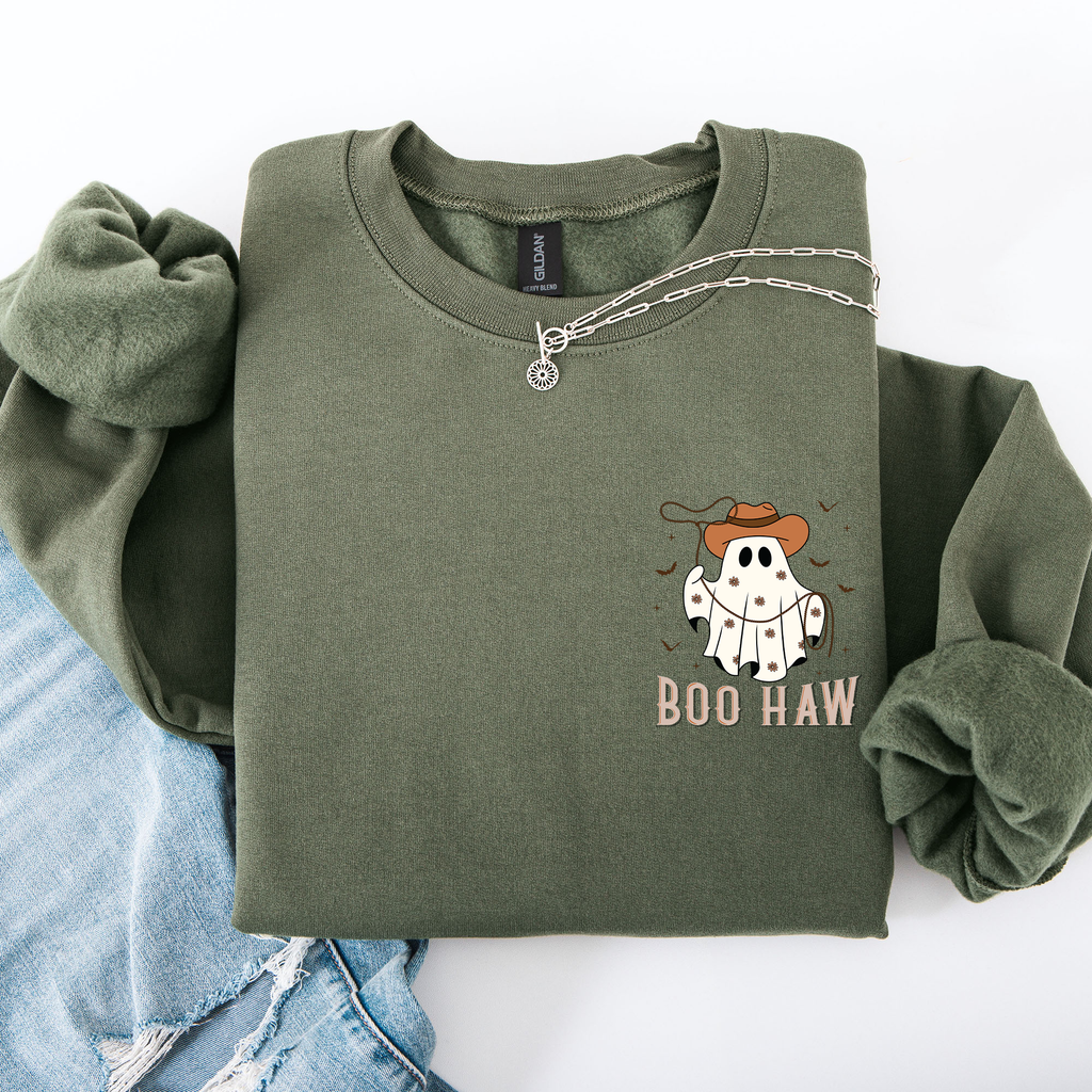 Boo Haw Lasso Cowboy Western Halloween Spirit Of The Wild Frontier Classic Western Quote Pocket Sweatshirt