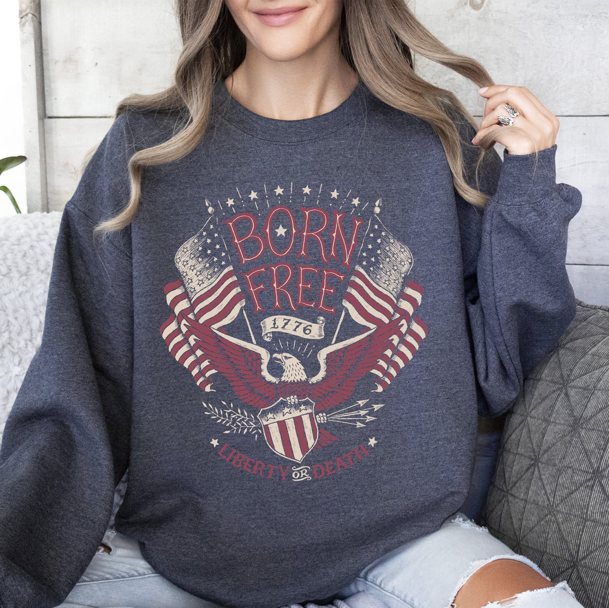 Born Free Patriotic 1776 4th Of July American Spirit Celebration Flag Inspired Sweatshirt