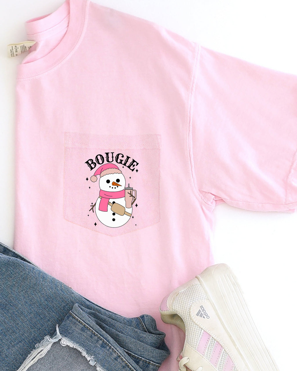 Bougie Snowman Christmas Santa Claus Winter Snow Xmas Festive Pocket Illustration Comfort Colors Tee