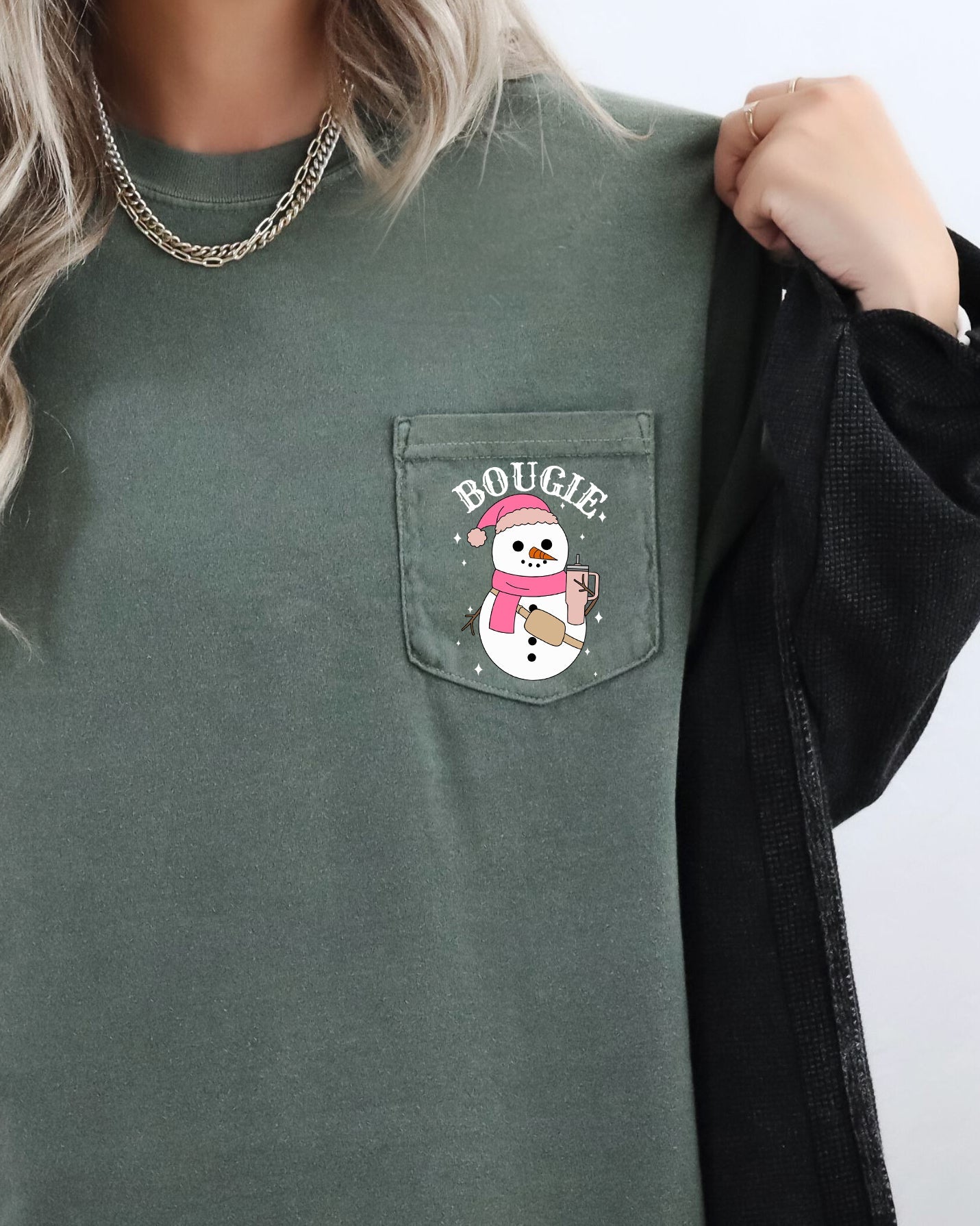 Bougie Snowman Christmas Santa Claus Winter Snow Xmas Festive Pocket Illustration Comfort Colors Tee