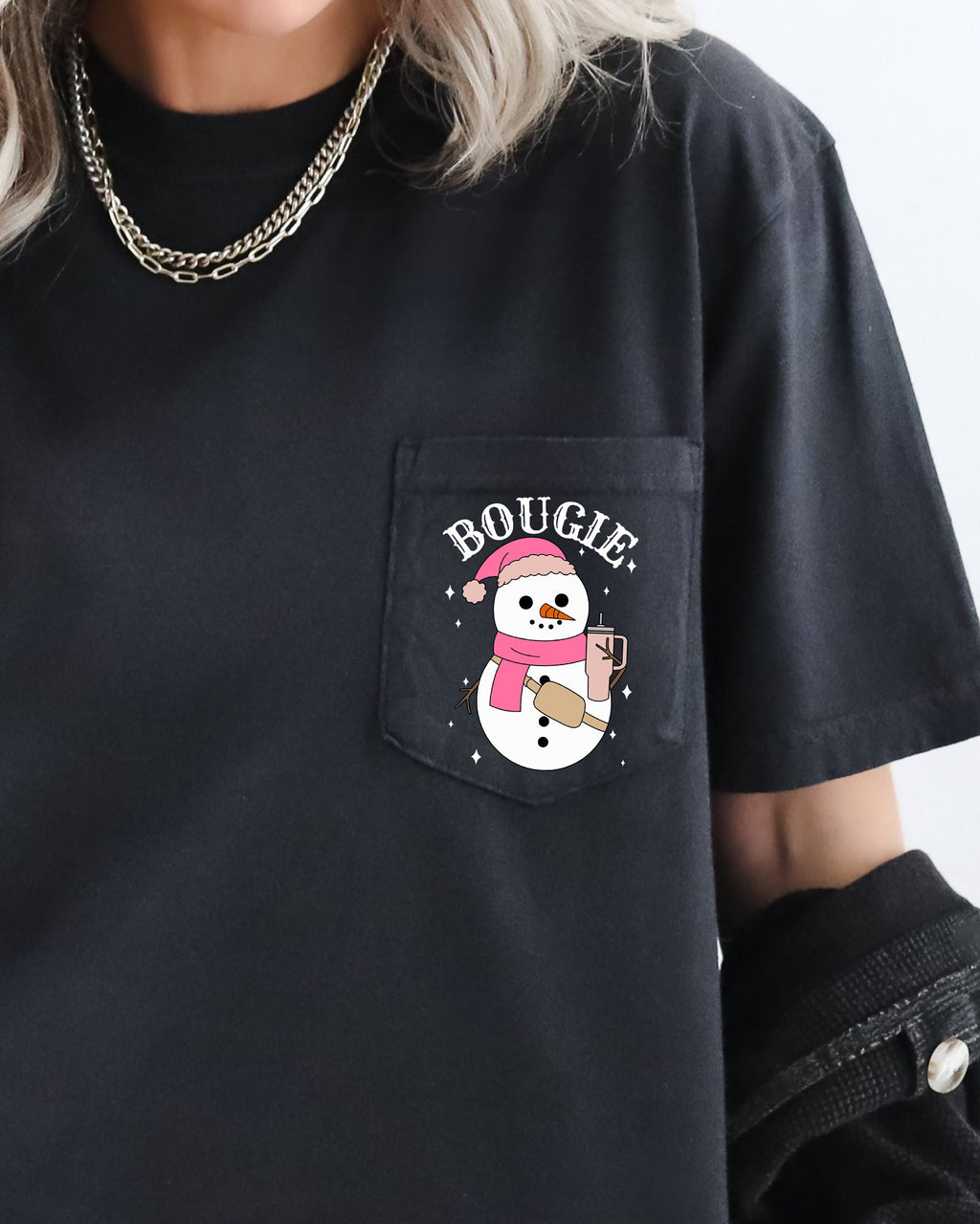 Bougie Snowman Christmas Santa Claus Winter Snow Xmas Festive Pocket Illustration Comfort Colors Tee