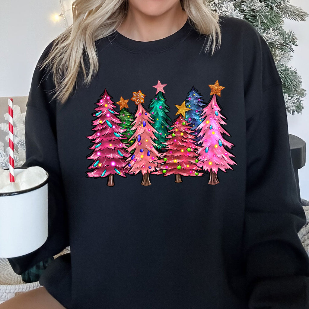 Bright Christmas Trees Festive Night Sky With Ornaments And Pinecones Graphic Sweatshirt