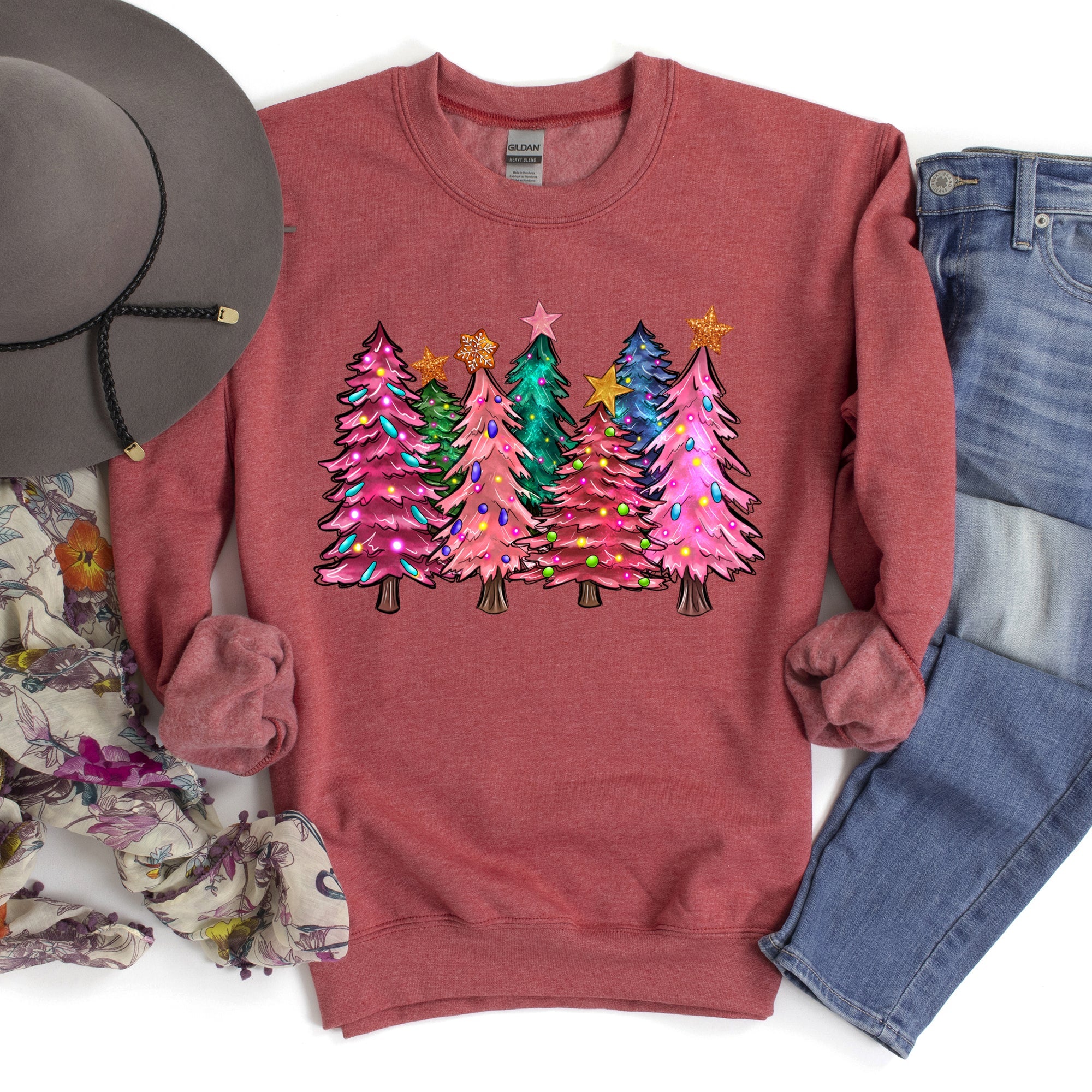 Bright Christmas Trees Festive Night Sky With Ornaments And Pinecones Graphic Sweatshirt