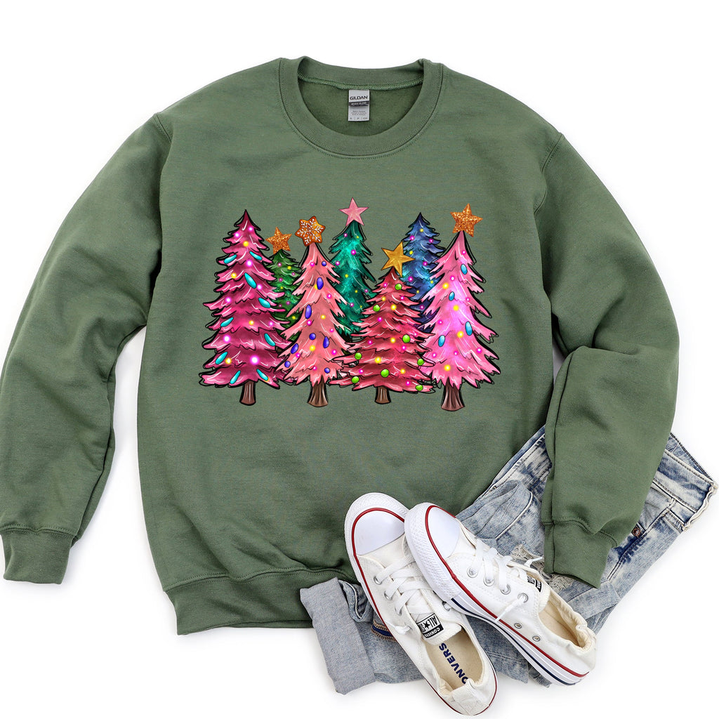 Bright Christmas Trees Festive Night Sky With Ornaments And Pinecones Graphic Sweatshirt