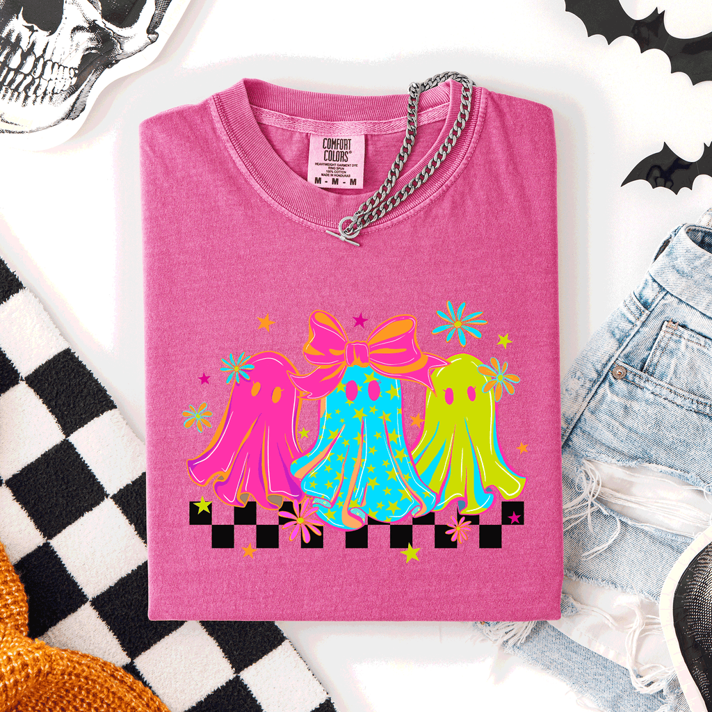 Bright And Colorful Retro Halloween Ghosts Checkered Graphic Design Limited Edition Comfort Colors Tee
