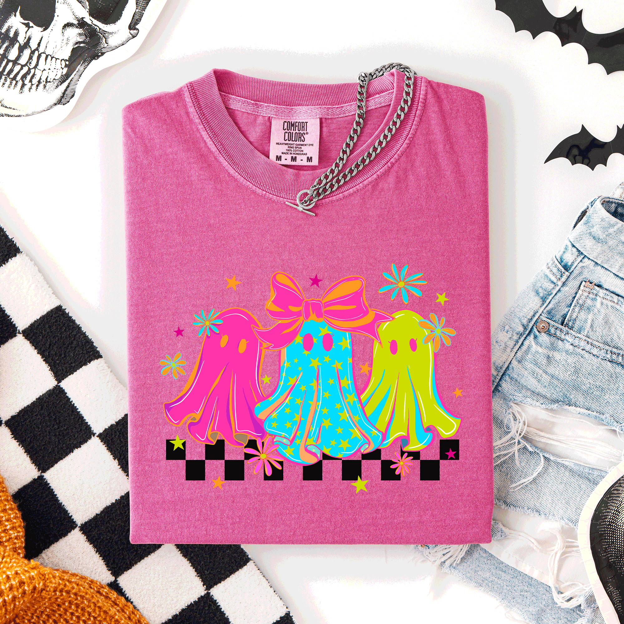 Bright And Colorful Retro Halloween Ghosts Checkered Graphic Design Limited Edition Comfort Colors Tee