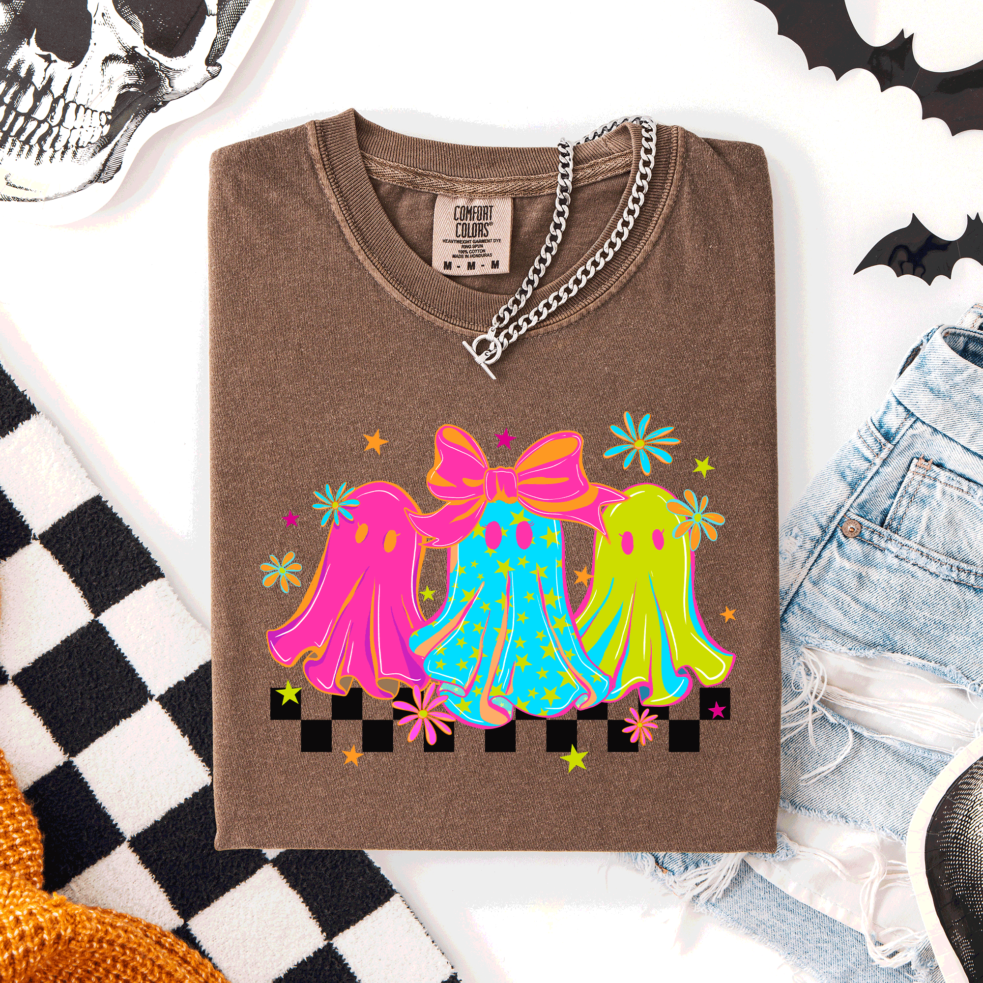 Bright And Colorful Retro Halloween Ghosts Checkered Graphic Design Limited Edition Comfort Colors Tee