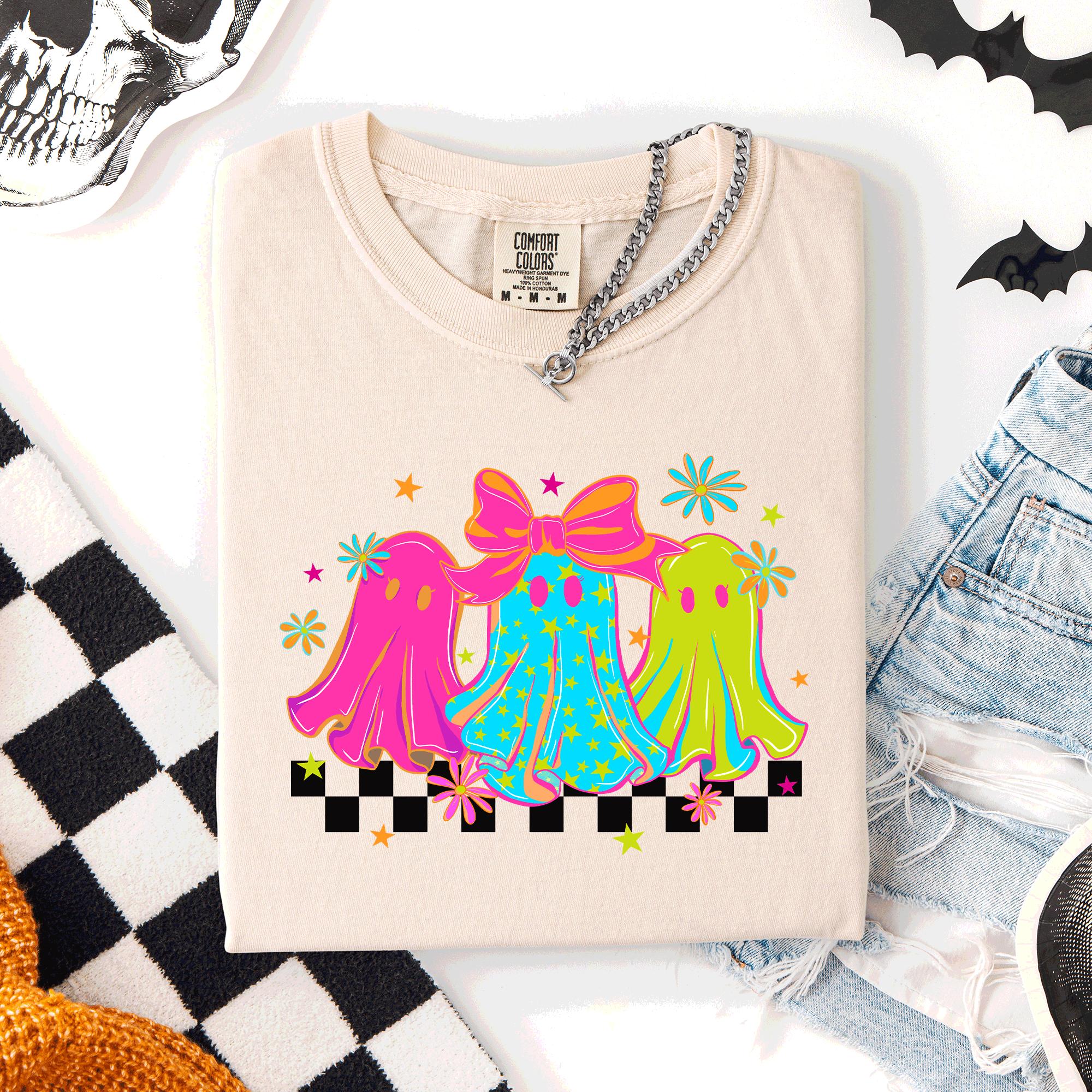 Bright And Colorful Retro Halloween Ghosts Checkered Graphic Design Limited Edition Comfort Colors Tee