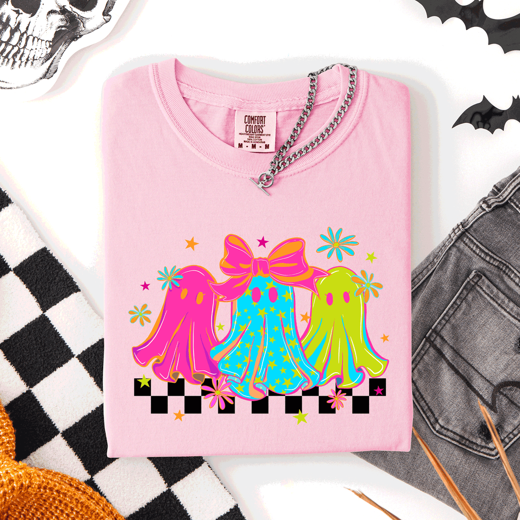 Bright And Colorful Retro Halloween Ghosts Checkered Graphic Design Limited Edition Comfort Colors Tee