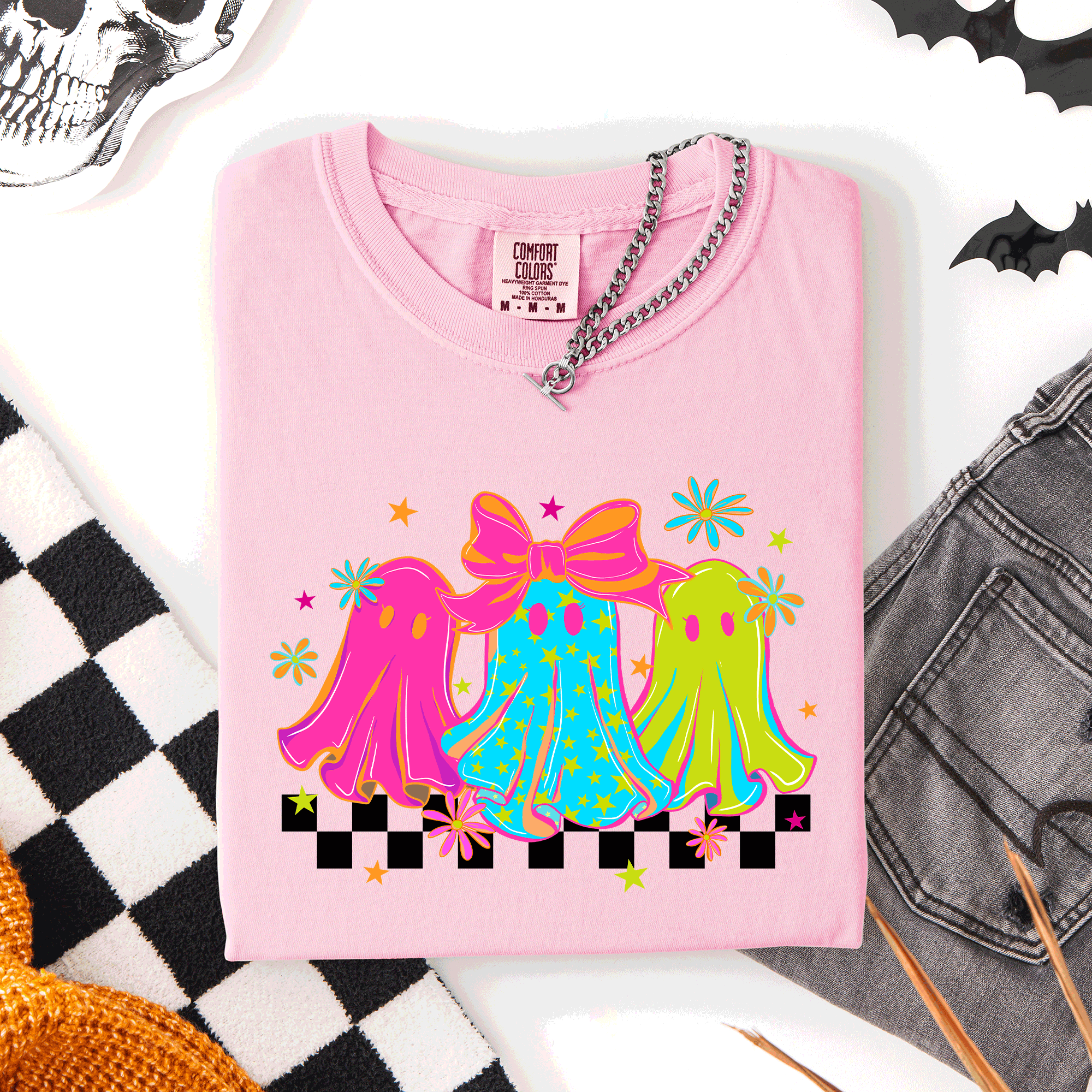 Bright And Colorful Retro Halloween Ghosts Checkered Graphic Design Limited Edition Comfort Colors Tee