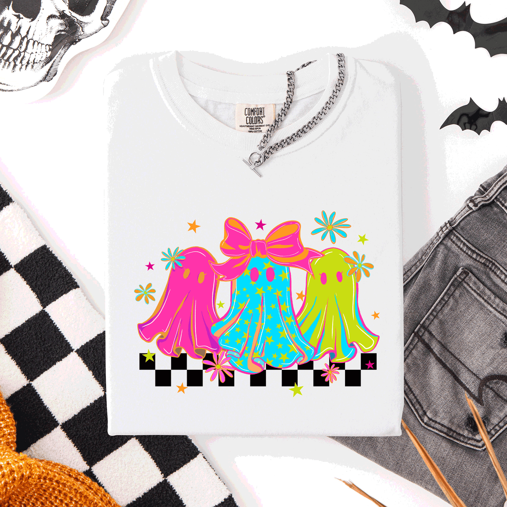 Bright And Colorful Retro Halloween Ghosts Checkered Graphic Design Limited Edition Comfort Colors Tee