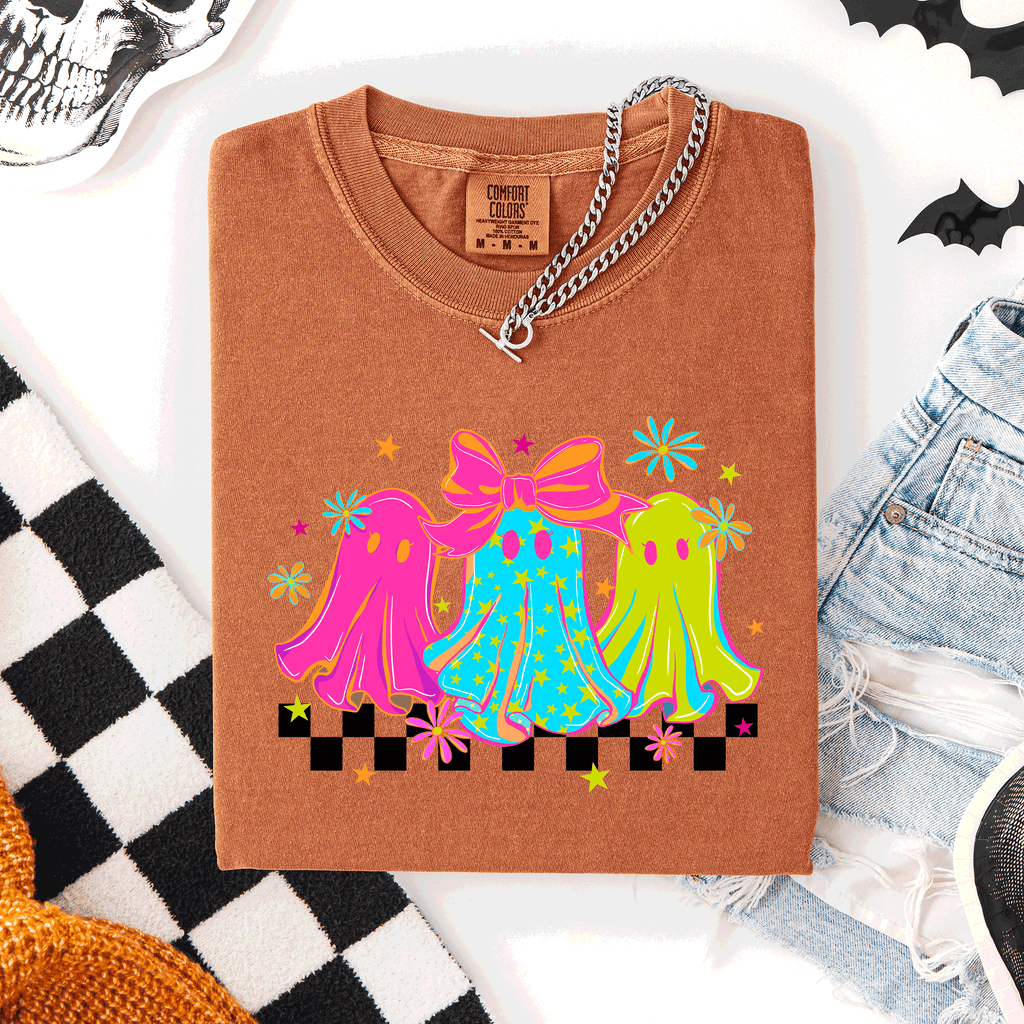 Bright And Colorful Retro Halloween Ghosts Checkered Graphic Design Limited Edition Comfort Colors Tee