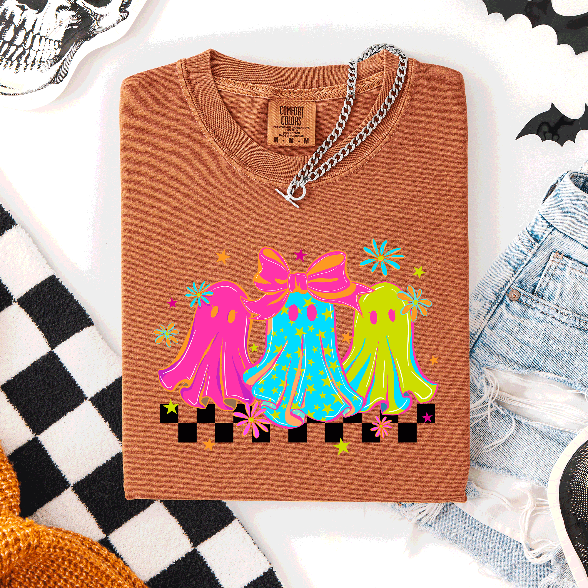 Bright And Colorful Retro Halloween Ghosts Checkered Graphic Design Limited Edition Comfort Colors Tee
