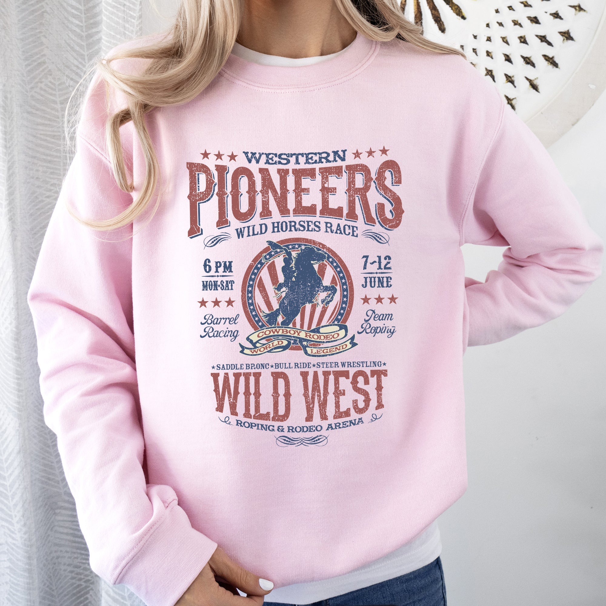 Bronco Riding Wild Horse Race Cowboy Cowgirl Rustic Western Heritage Premium Sweatshirt