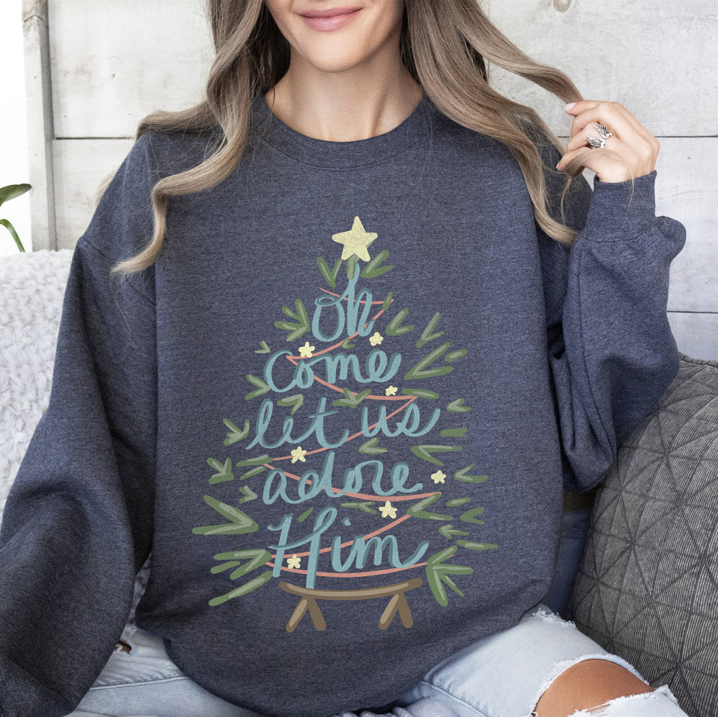 Oh Come Let Us Adore Him Christmas Carol Religious Holiday Vintage Script Sweatshirt