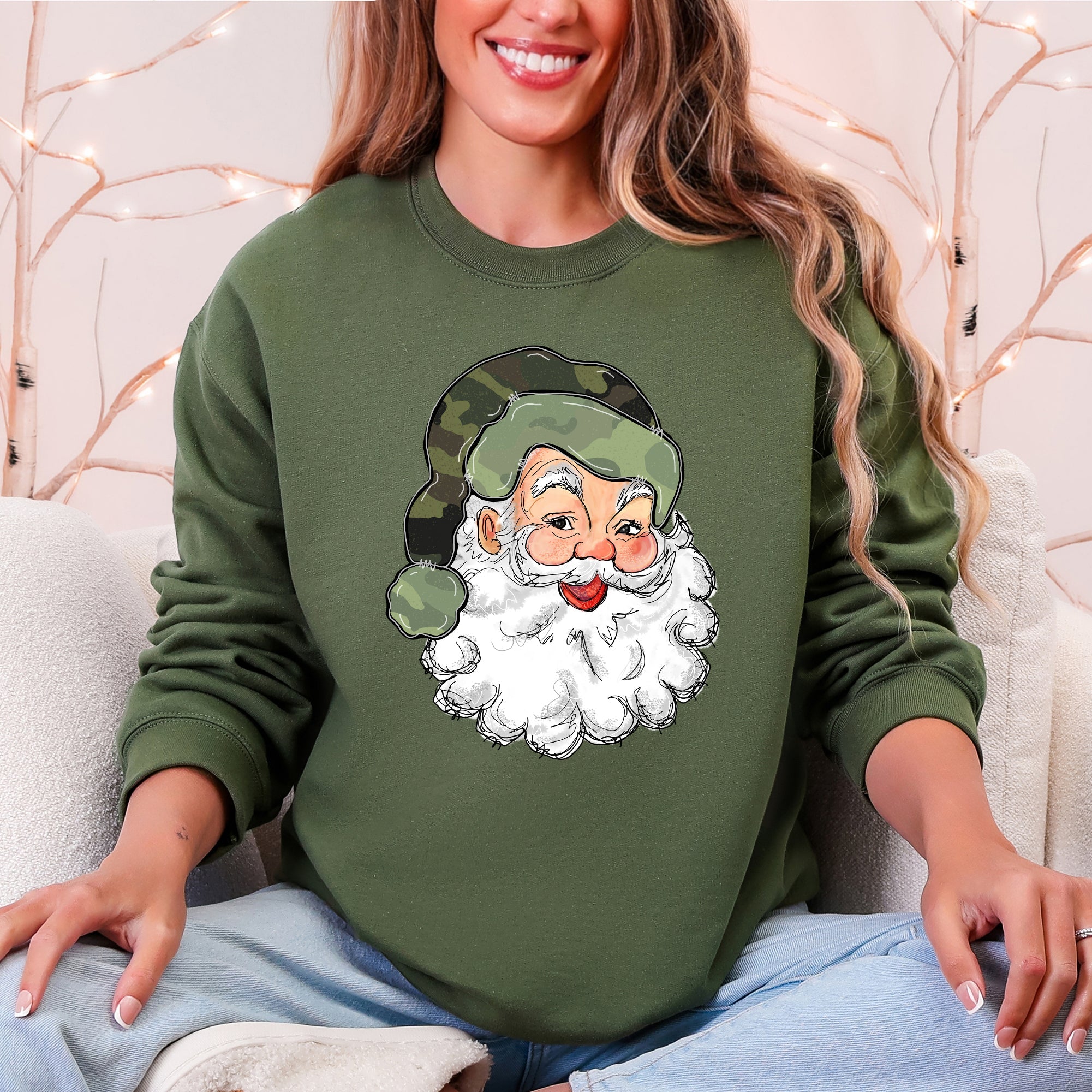 Camo Santa Retro Christmas Hunting Festive Outdoor Santa Theme Vintage Rustic Winter Style Illustration Sweatshirt