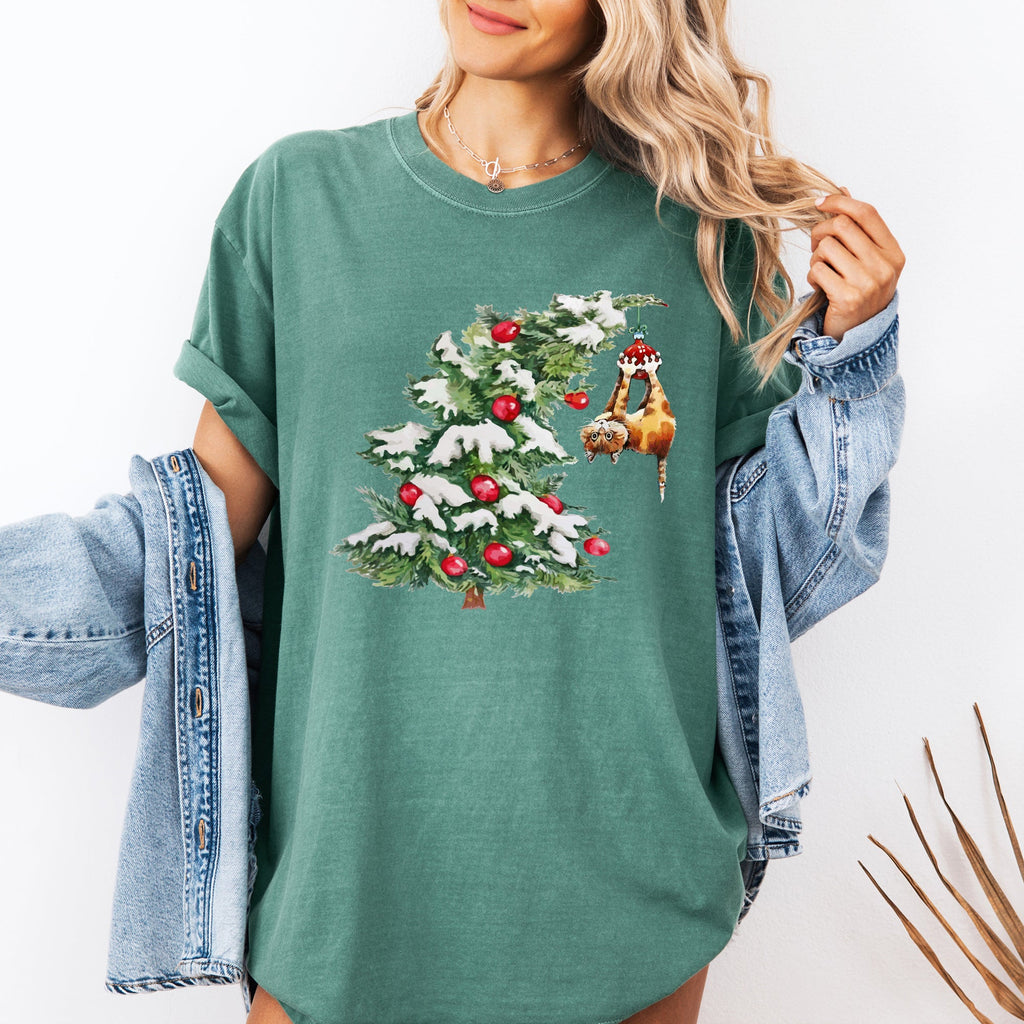 Cat Christmas Tree Naughty Santa Snow Xmas Winter Holiday Season Comfort Colors Tee