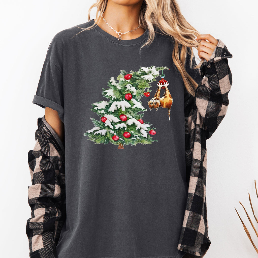 Cat Christmas Tree Naughty Santa Snow Xmas Winter Holiday Season Comfort Colors Tee
