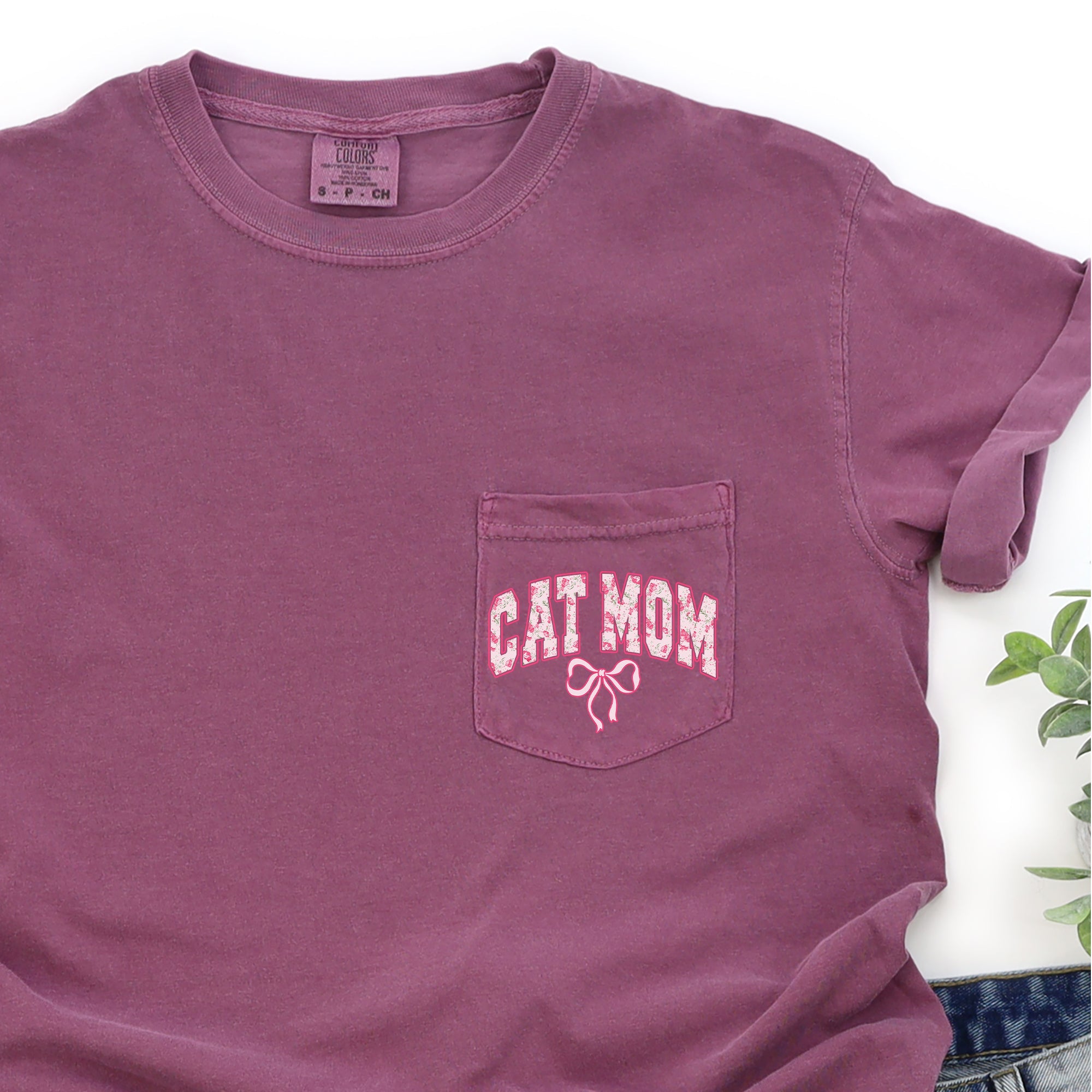 Cat Mom, Coquette, Pocket, Ribbons, Bows Pocket Tee Graphic Collection Comfort Colors Tee