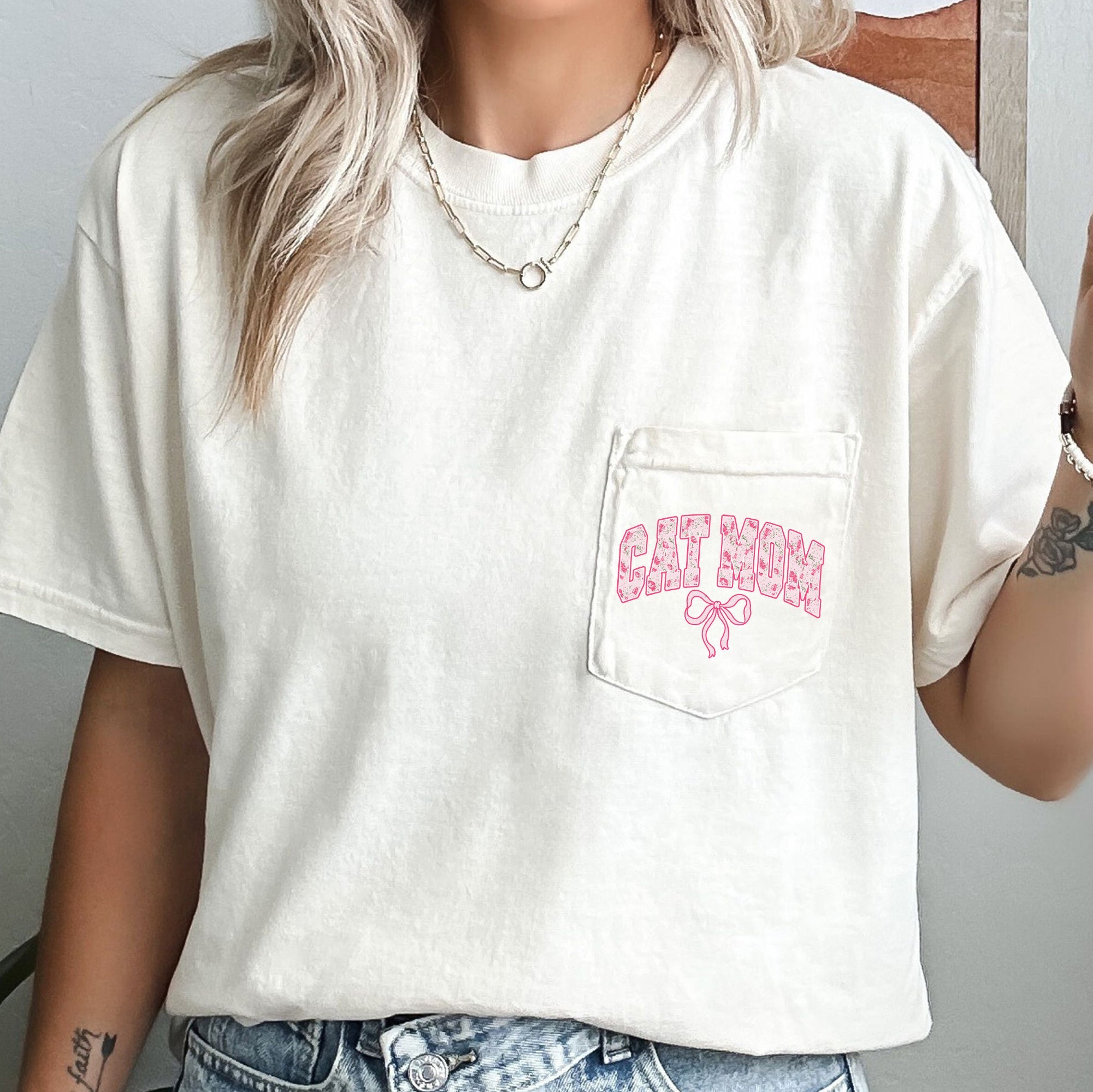 Cat Mom, Coquette, Pocket, Ribbons, Bows Pocket Tee Graphic Collection Comfort Colors Tee