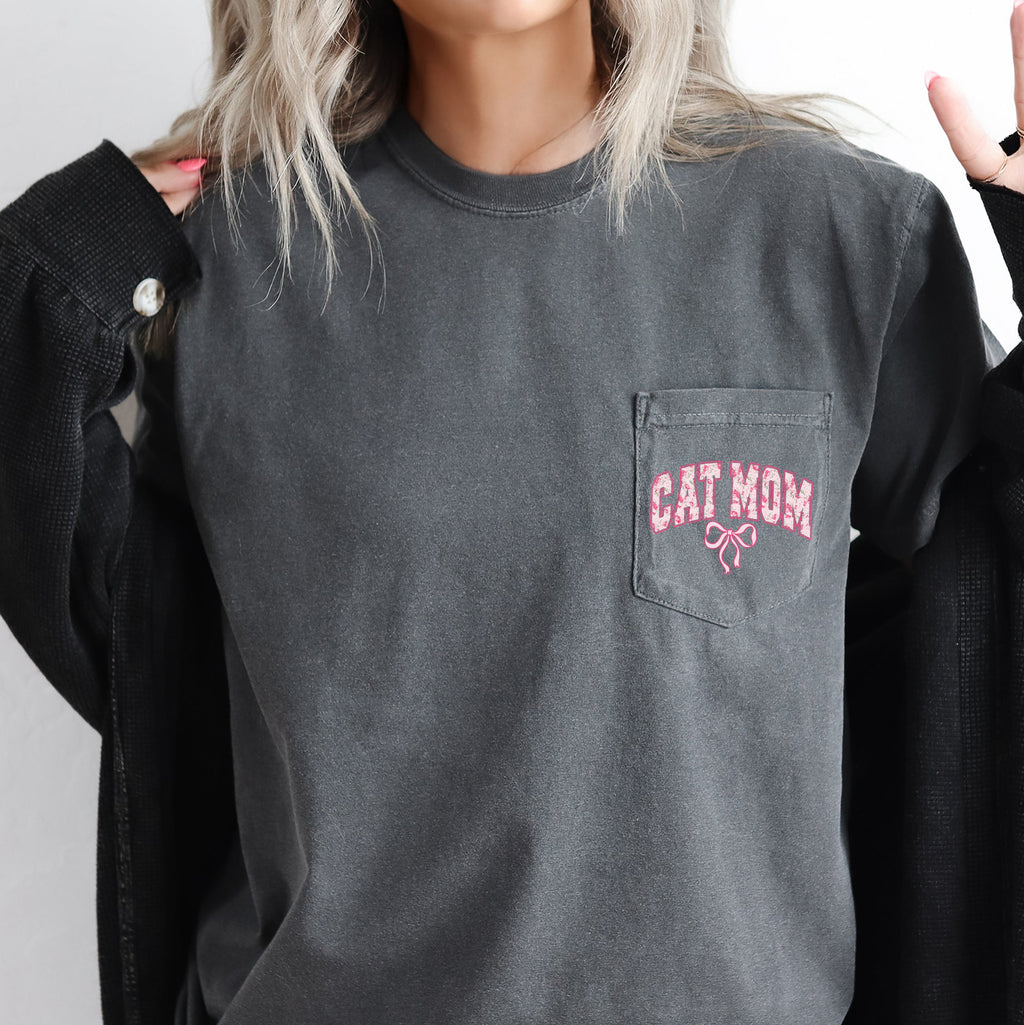 Cat Mom, Coquette, Pocket, Ribbons, Bows Pocket Tee Graphic Collection Comfort Colors Tee
