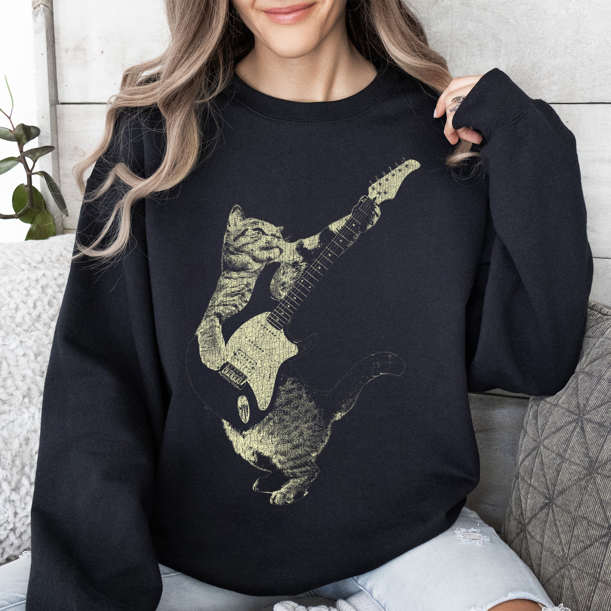 Cat Playing A Guitar Cat Lover Graphic Vintage Style Soft Comfort Fit Sweatshirt