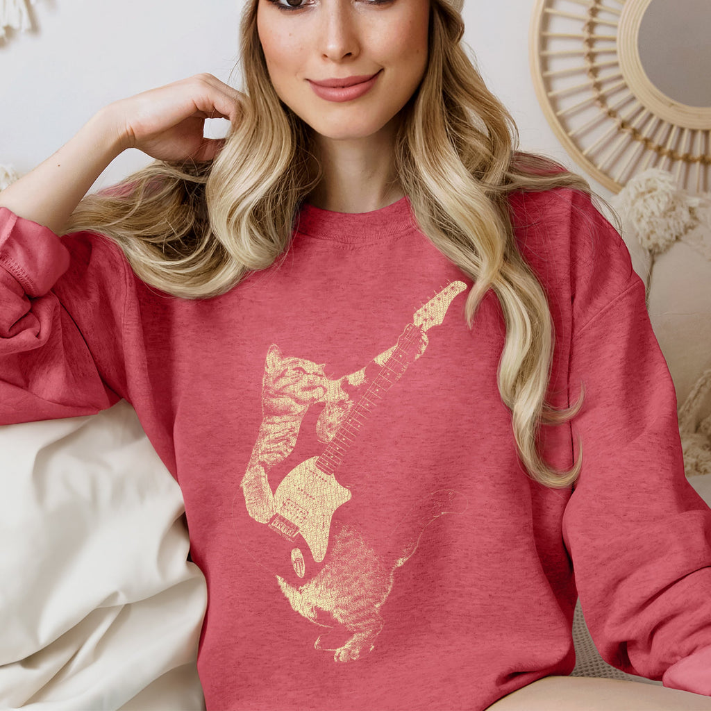 Cat Playing A Guitar Cat Lover Graphic Vintage Style Soft Comfort Fit Sweatshirt