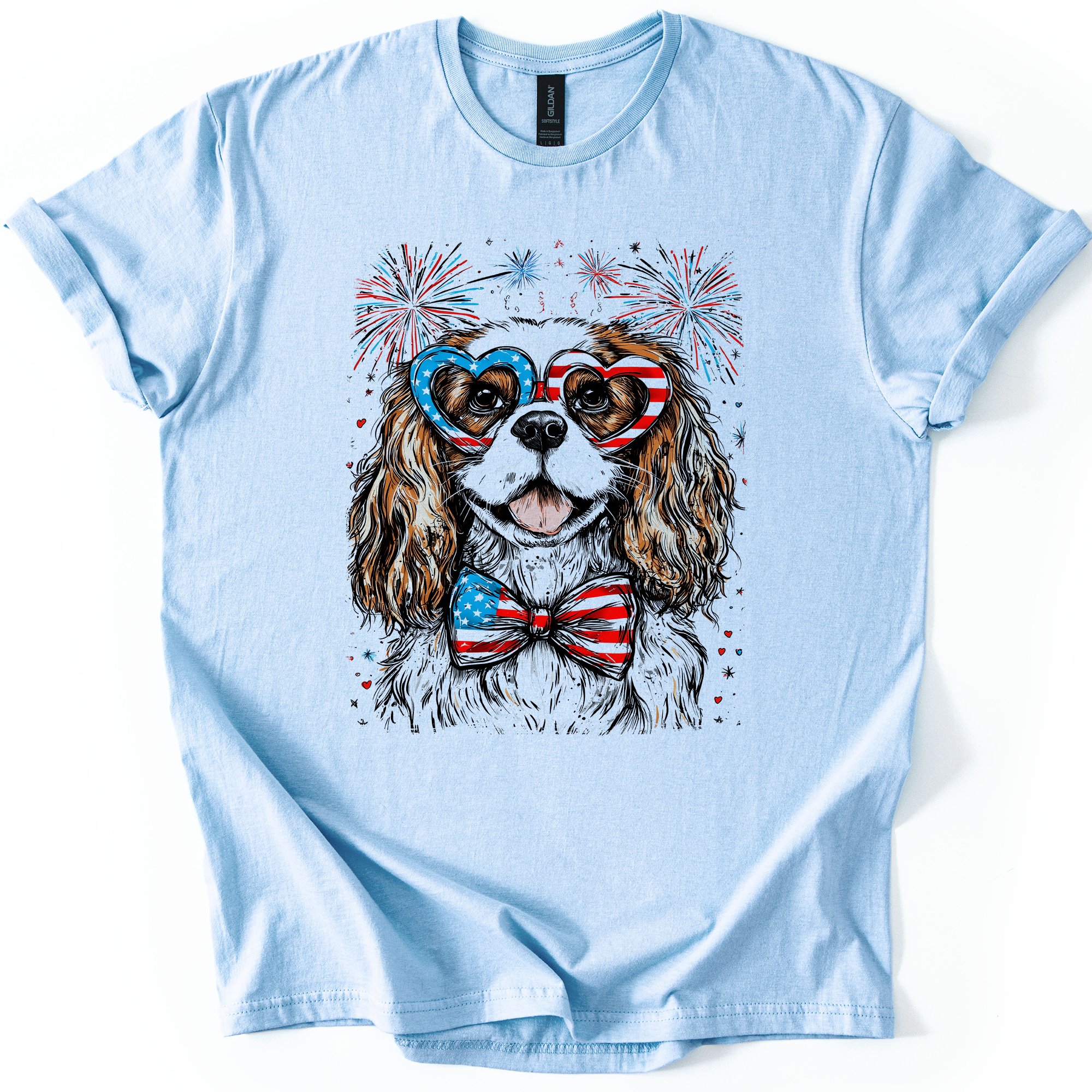 Cavalier King Charles Spaniel Patriotic Dog USA Fourth of July Celebration Graphic Tee