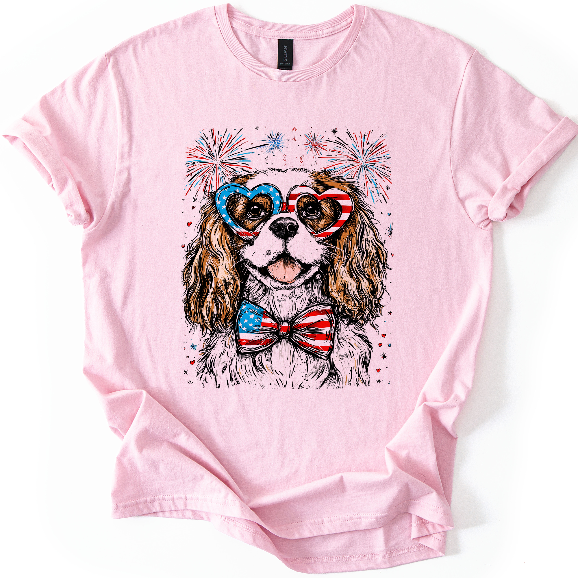 Cavalier King Charles Spaniel Patriotic Dog USA Fourth of July Celebration Graphic Tee