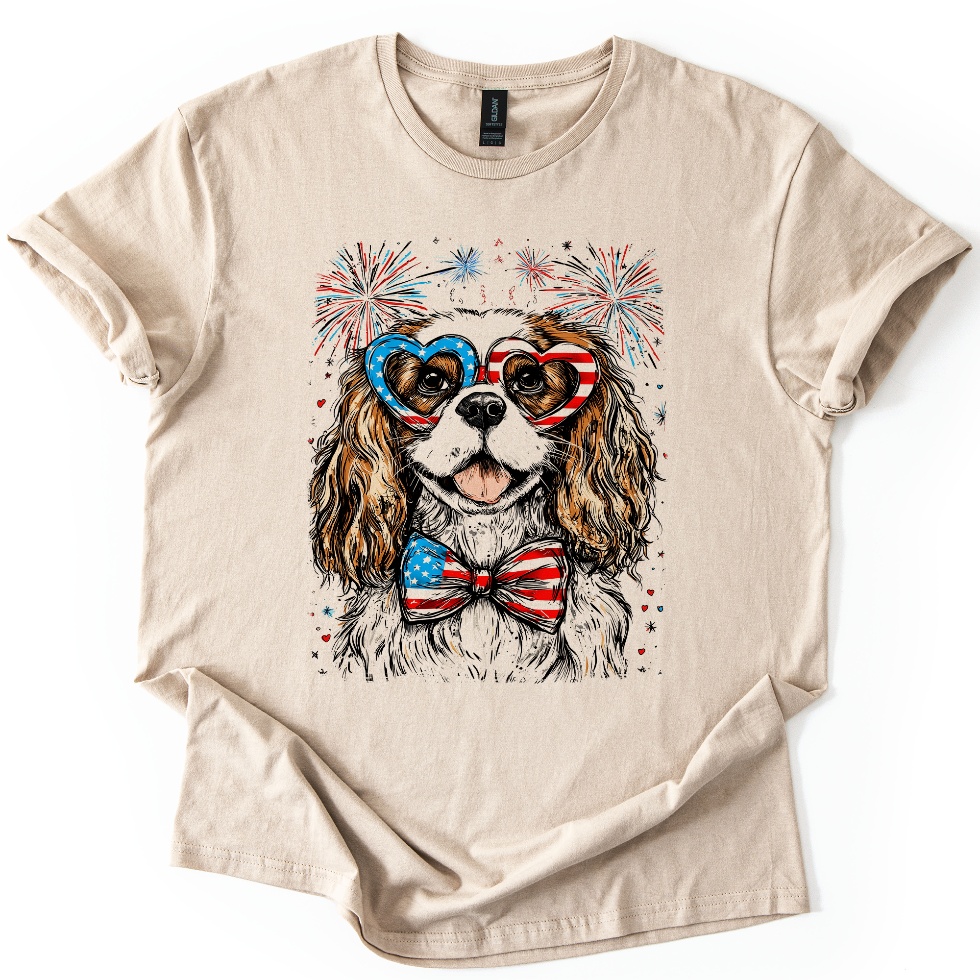 Cavalier King Charles Spaniel Patriotic Dog USA Fourth of July Celebration Graphic Tee