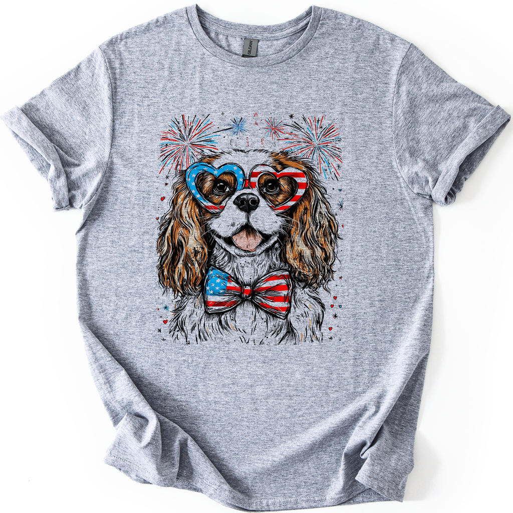 Cavalier King Charles Spaniel Patriotic Dog USA Fourth of July Celebration Graphic Tee