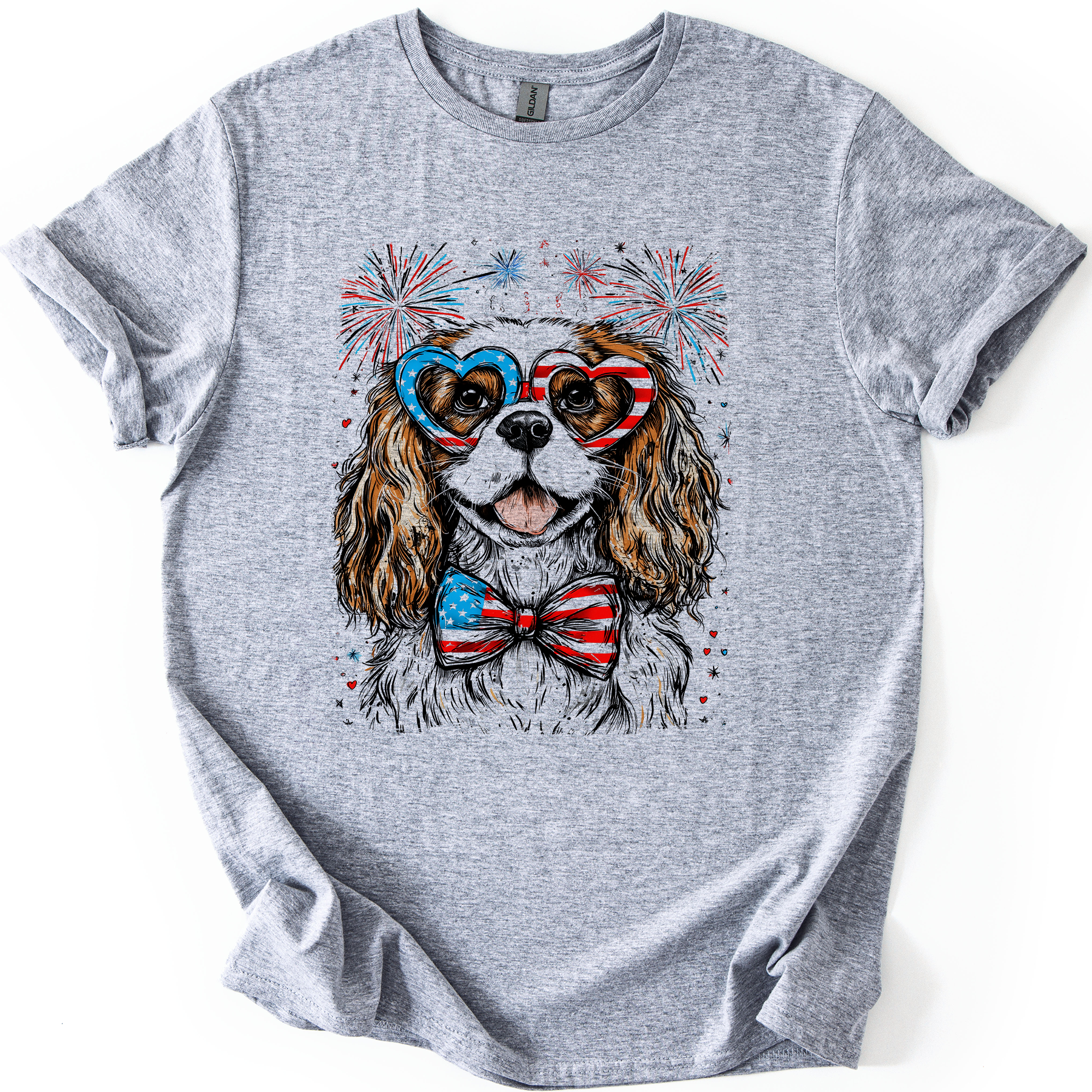 Cavalier King Charles Spaniel Patriotic Dog USA Fourth of July Celebration Graphic Tee