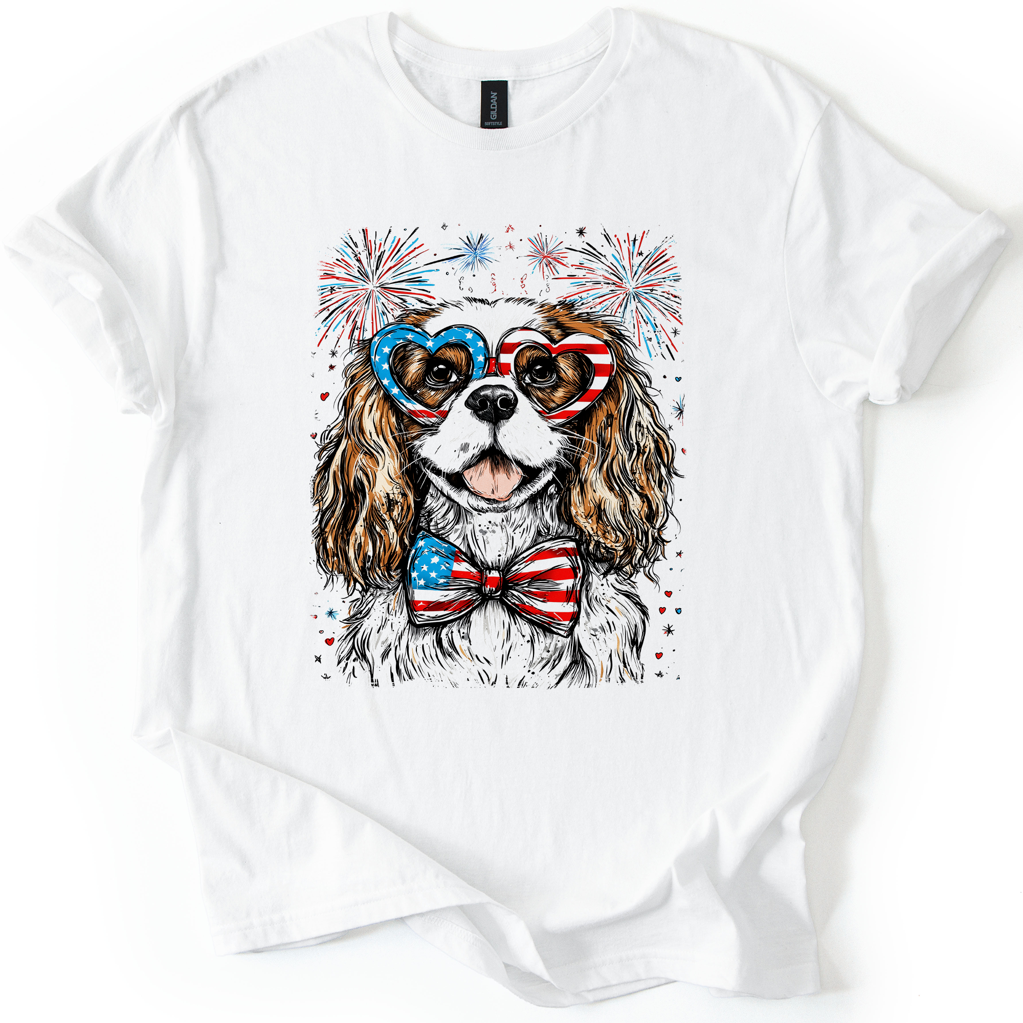 Cavalier King Charles Spaniel Patriotic Dog USA Fourth of July Celebration Graphic Tee