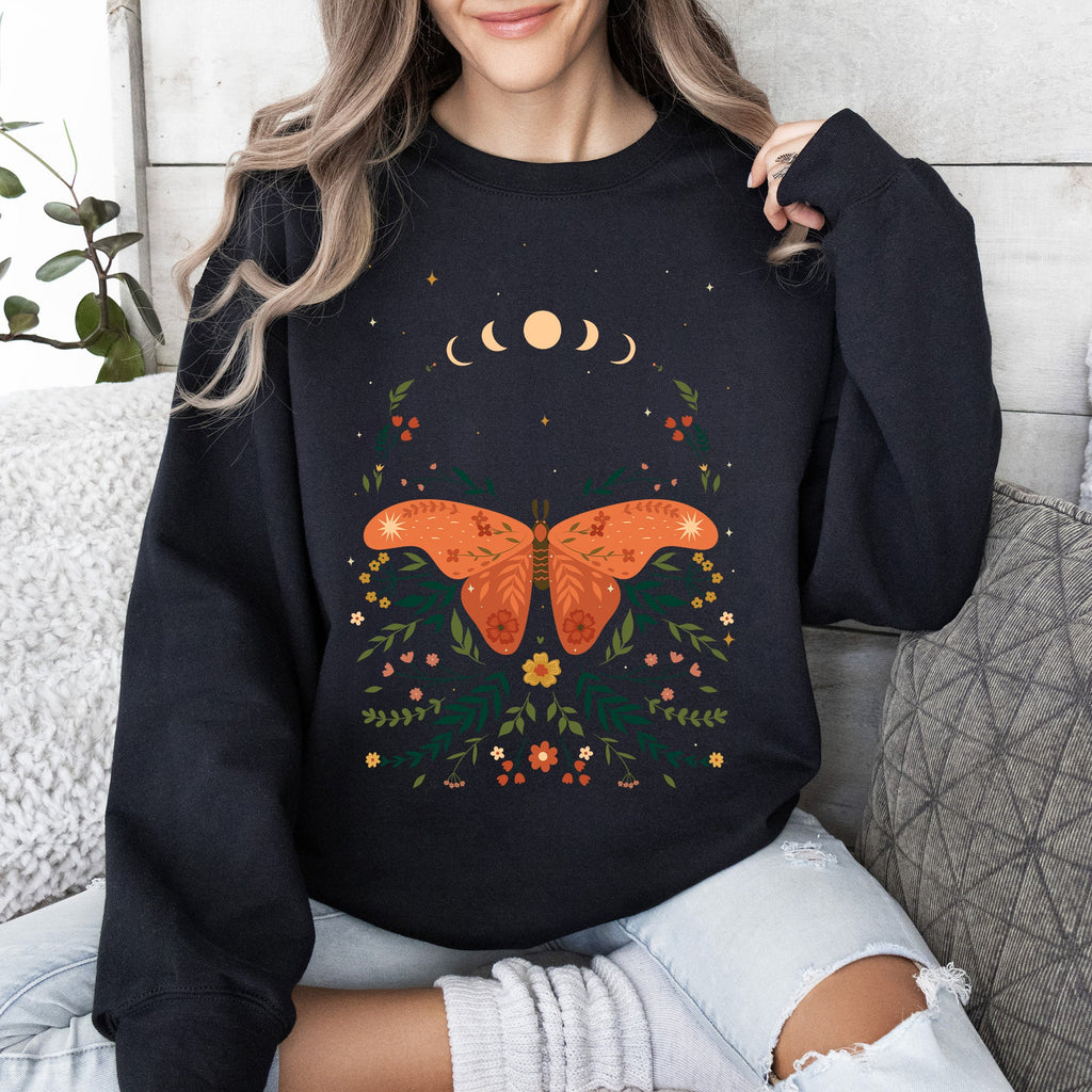 Celestial Garden Tale, Moth, Moon, And Flowers Celestial Night Garden Illustration Sweatshirt