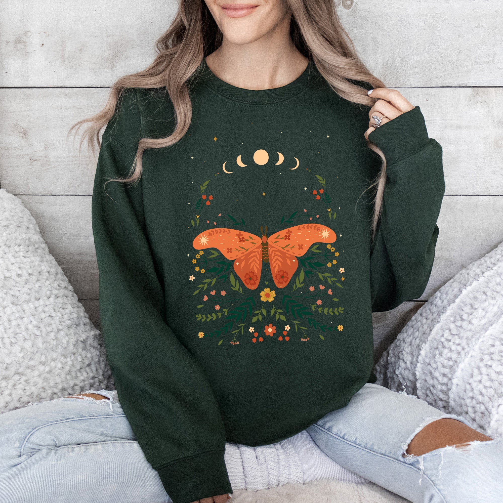 Celestial Garden Tale, Moth, Moon, And Flowers Celestial Night Garden Illustration Sweatshirt