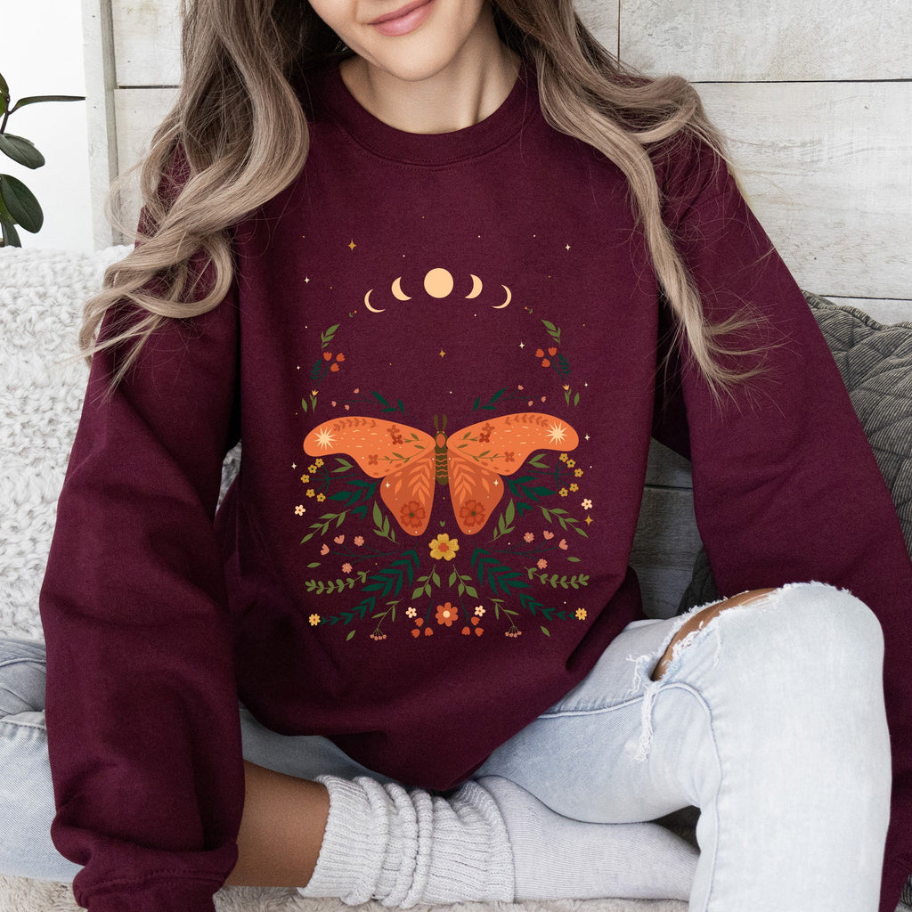 Celestial Garden Tale, Moth, Moon, And Flowers Celestial Night Garden Illustration Sweatshirt
