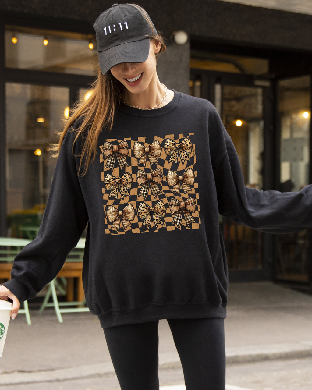 Checkered Autumn Coquette Bows And Ribbons Retro Halloween Autumnal Print Sweatshirt