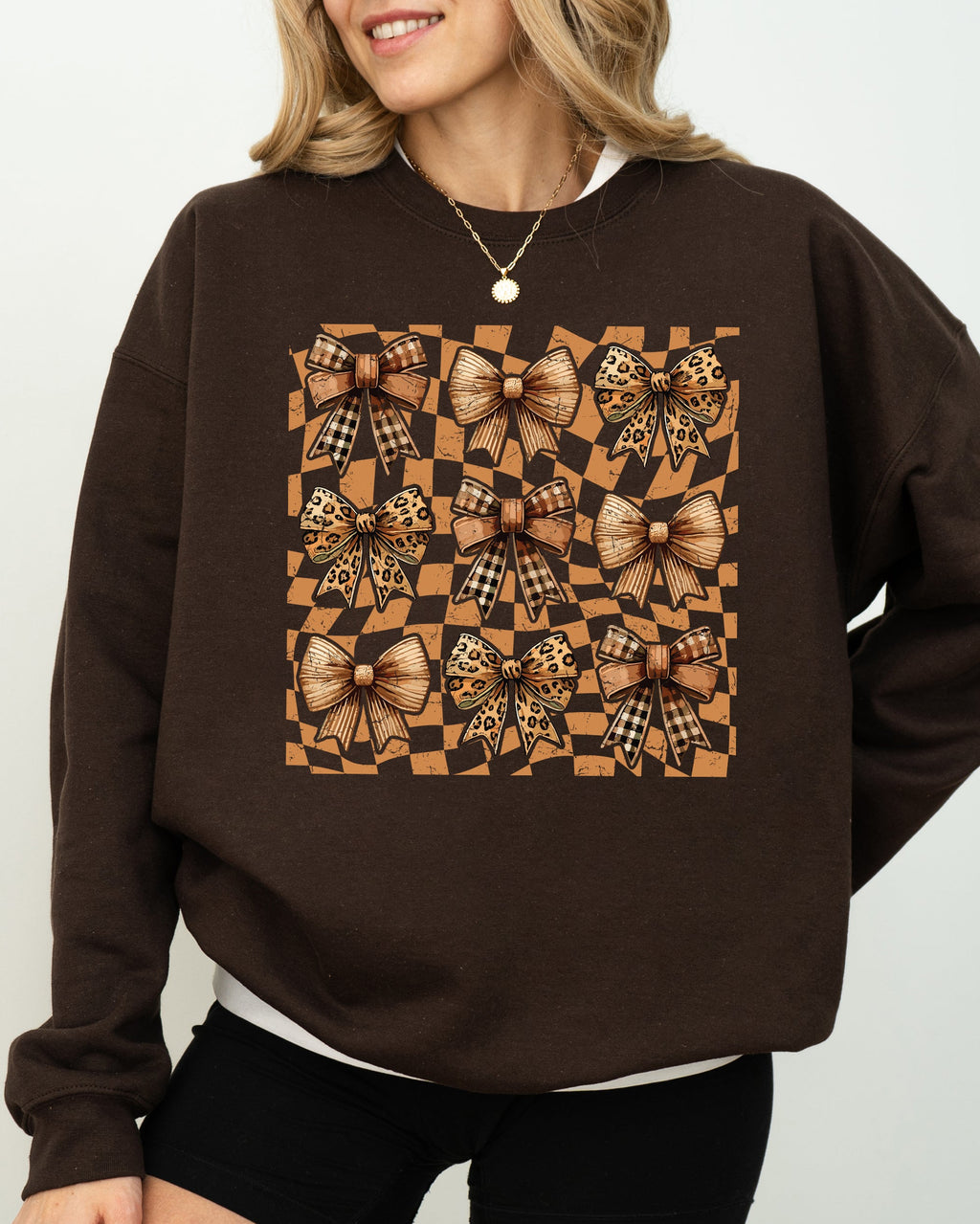 Checkered Autumn Coquette Bows And Ribbons Retro Halloween Autumnal Print Sweatshirt