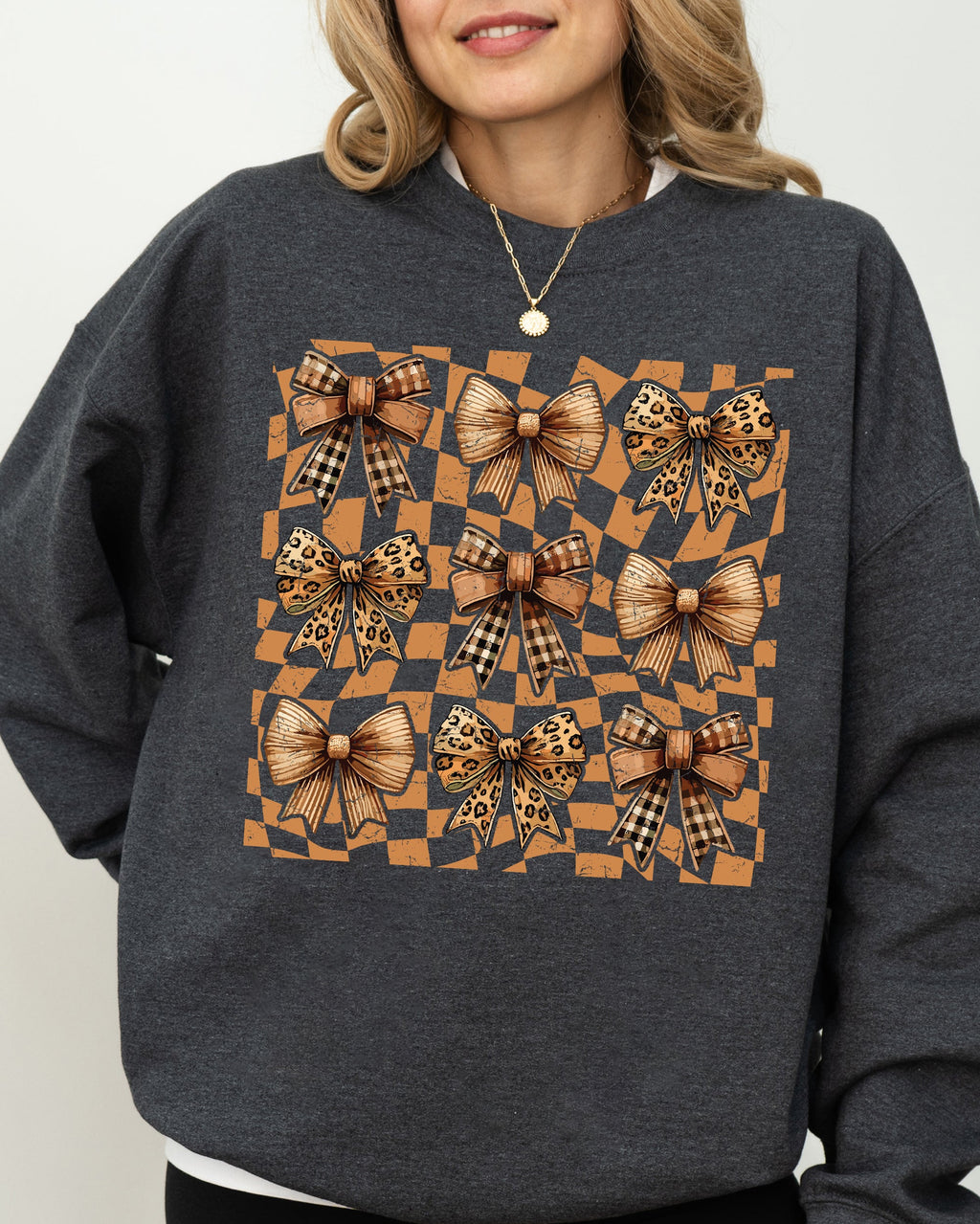Checkered Autumn Coquette Bows And Ribbons Retro Halloween Autumnal Print Sweatshirt