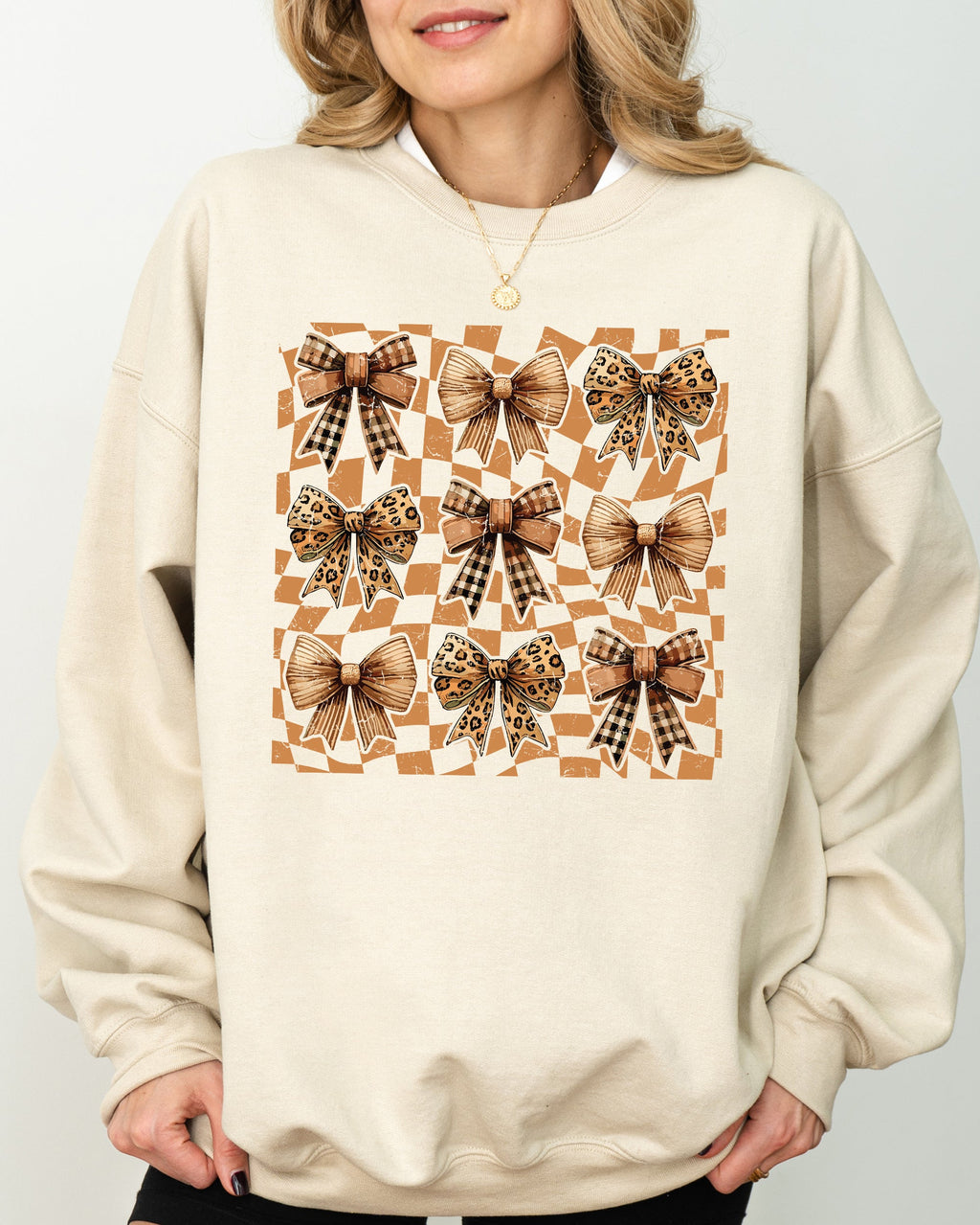 Checkered Autumn Coquette Bows And Ribbons Retro Halloween Autumnal Print Sweatshirt