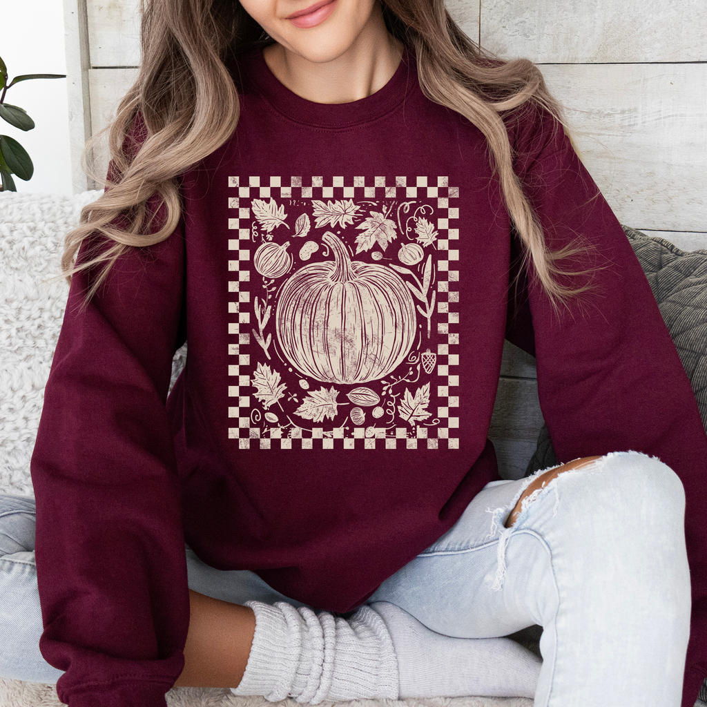 Checkered Pumpkin Minimalist Autumn Harvest Motif Cozy Seasonal For Fall Wardrobe Sweatshirt